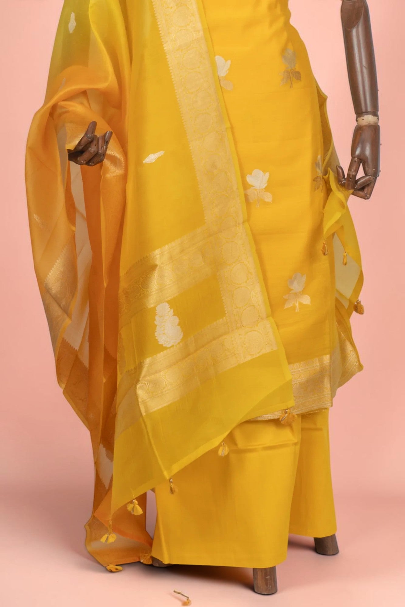 Banarasi Silk Butta Yellow Salwar Suit Set