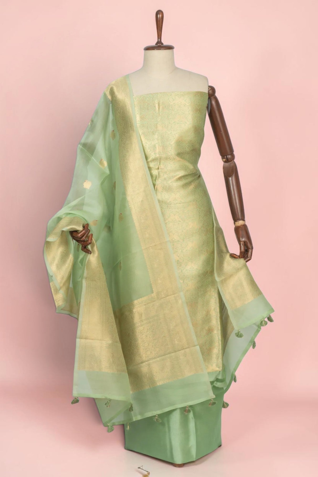 Banarasi Silk Tissue Brocade Pista Green Salwar Suit Set