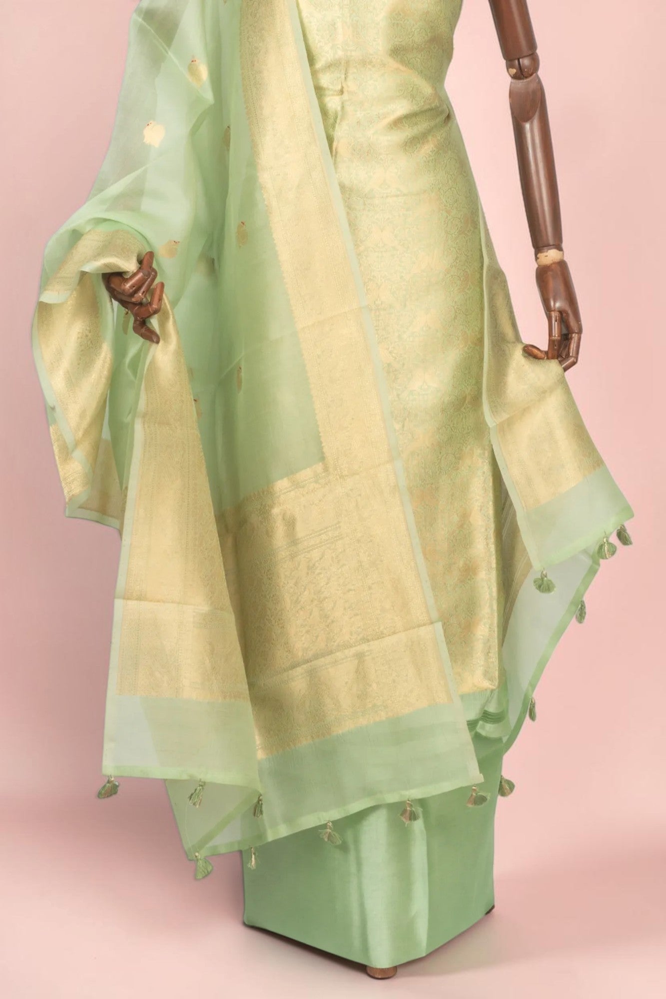 Banarasi Silk Tissue Brocade Pista Green Salwar Suit Set