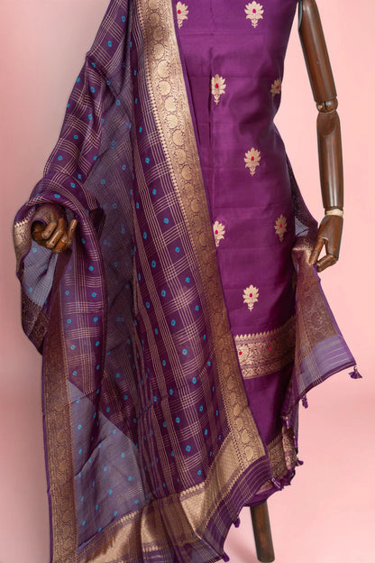 Banarasi Silk Butta Purple Salwar Suit Set With Organza Dupatta