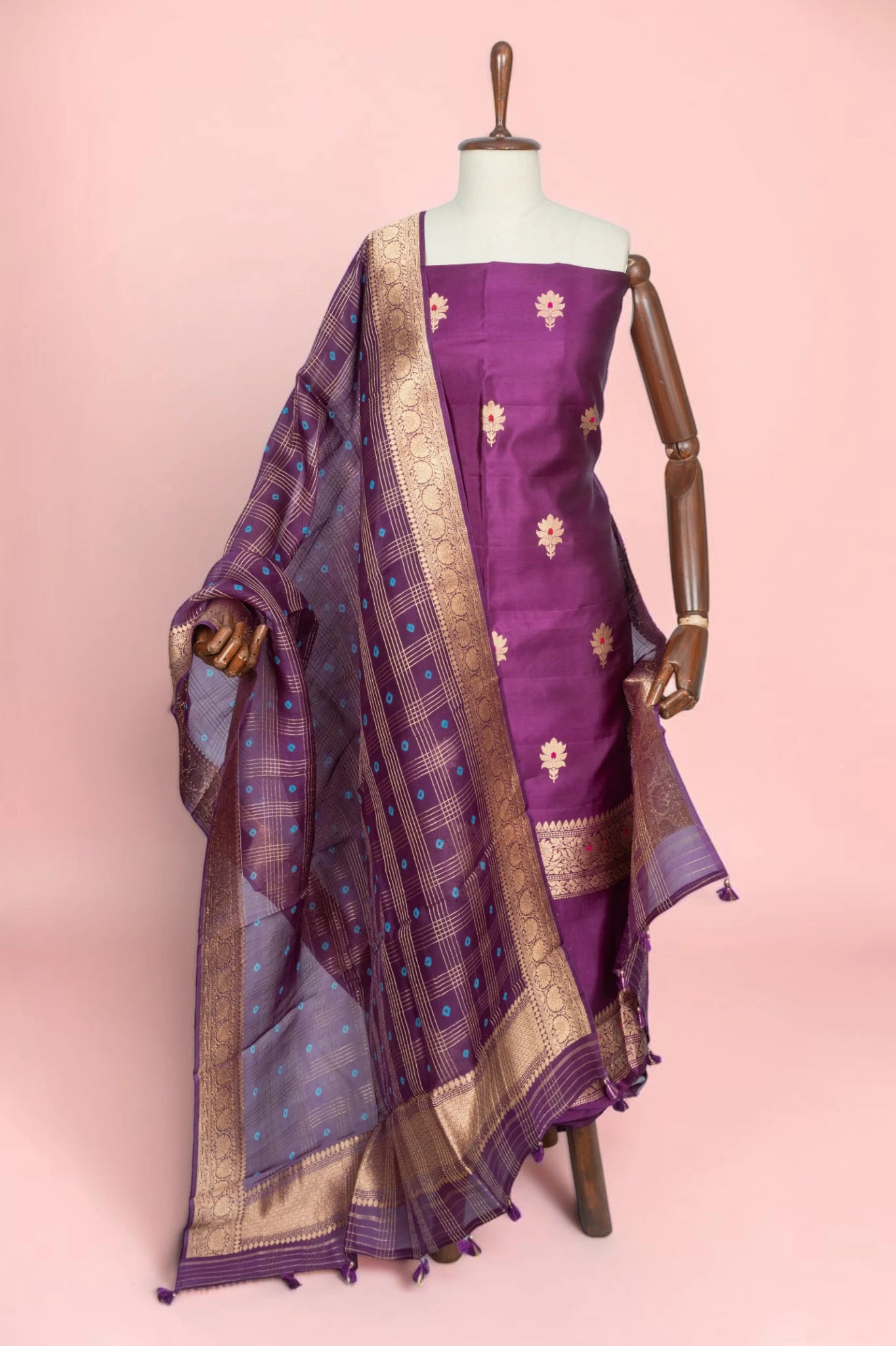 Banarasi Silk Butta Purple Salwar Suit Set With Organza Dupatta