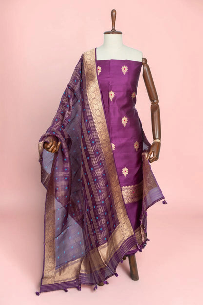 Banarasi Silk Butta Purple Salwar Suit Set With Organza Dupatta
