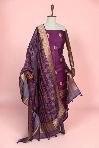 Banarasi Silk Butta Purple Salwar Suit Set With Organza Dupatta