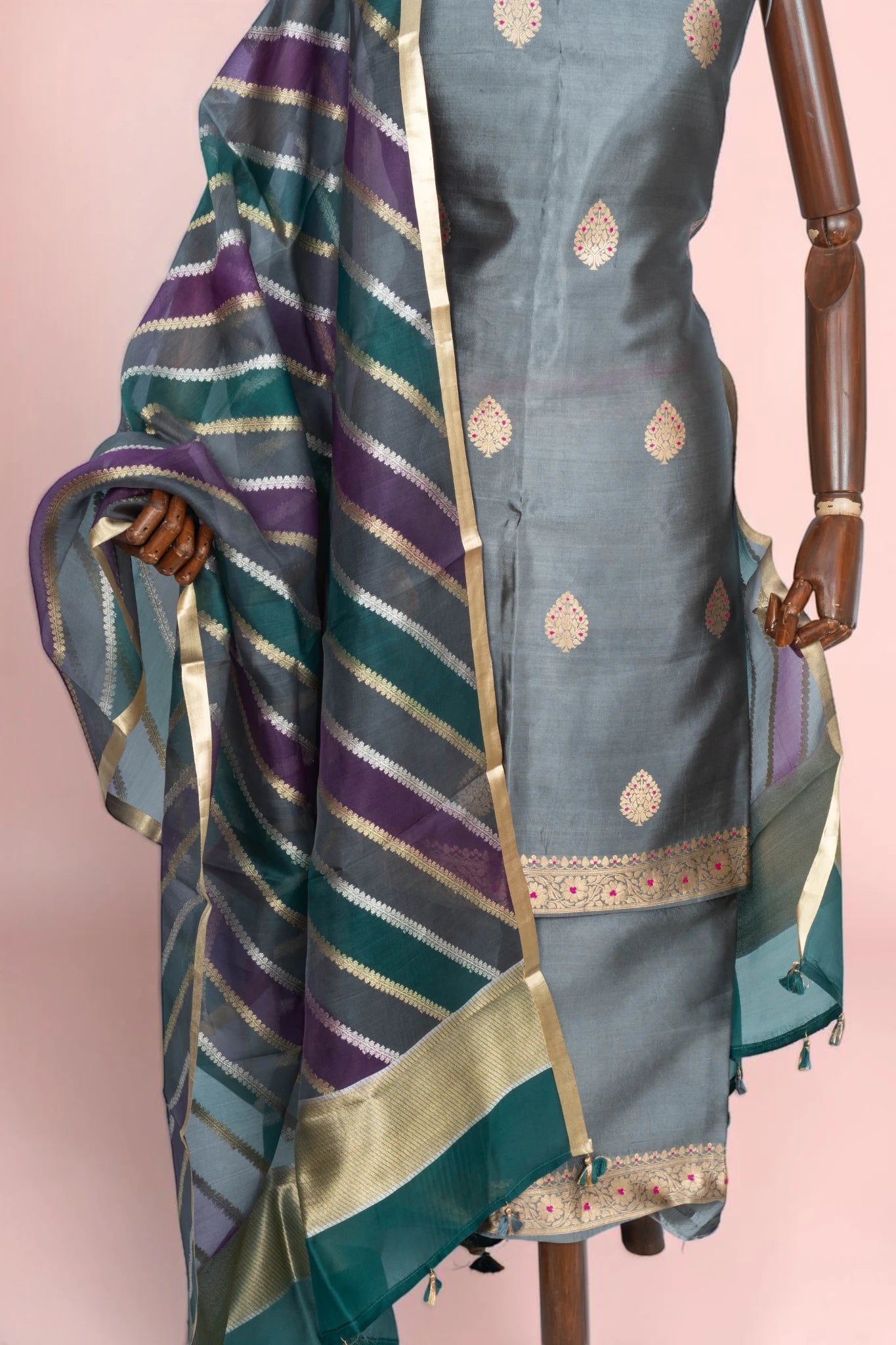 Banarasi Silk Butta Grey Salwar Suit Set With Organza Dupatta