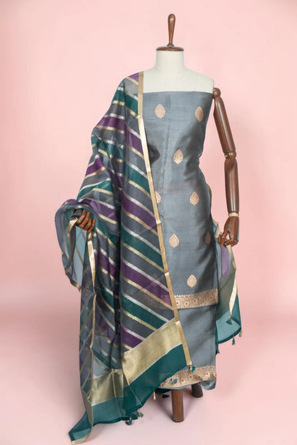 Banarasi Silk Butta Grey Salwar Suit Set With Organza Dupatta