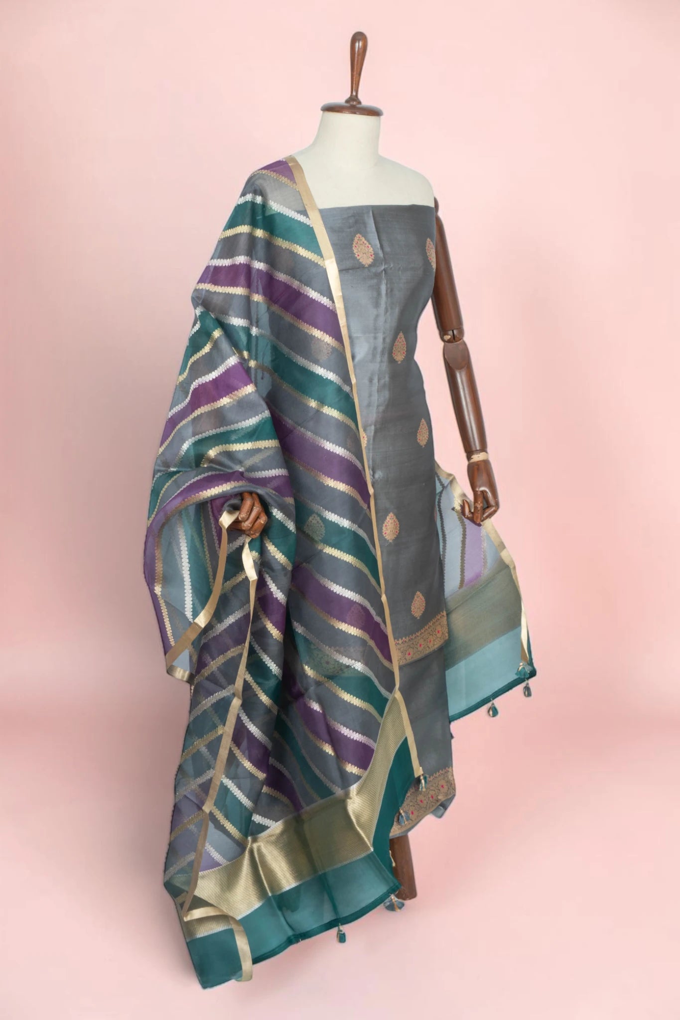 Banarasi Silk Butta Grey Salwar Suit Set With Organza Dupatta