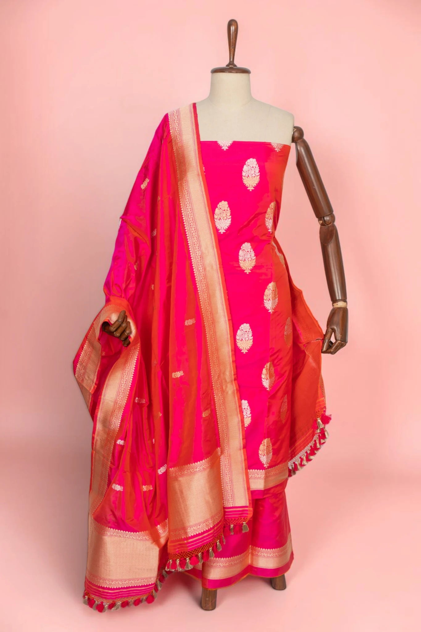 Banarasi Silk Butta Dual Tone Pink And Orange Salwar Suit Set