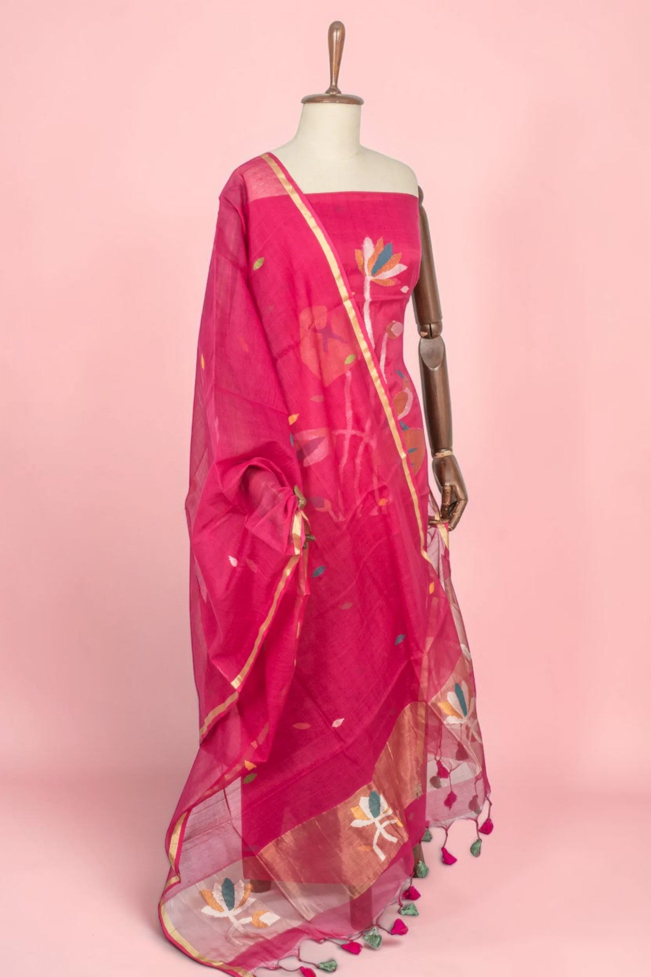 Phulia Cotton Jamdani Butta Pink Salwar Suit Set
