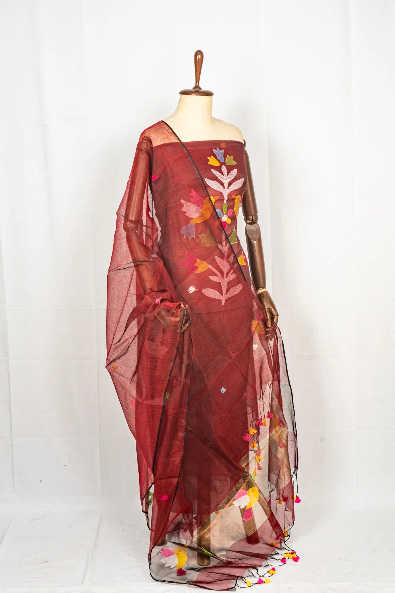 Phulia Cotton Jamdani Butta Maroon Salwar Suit Set