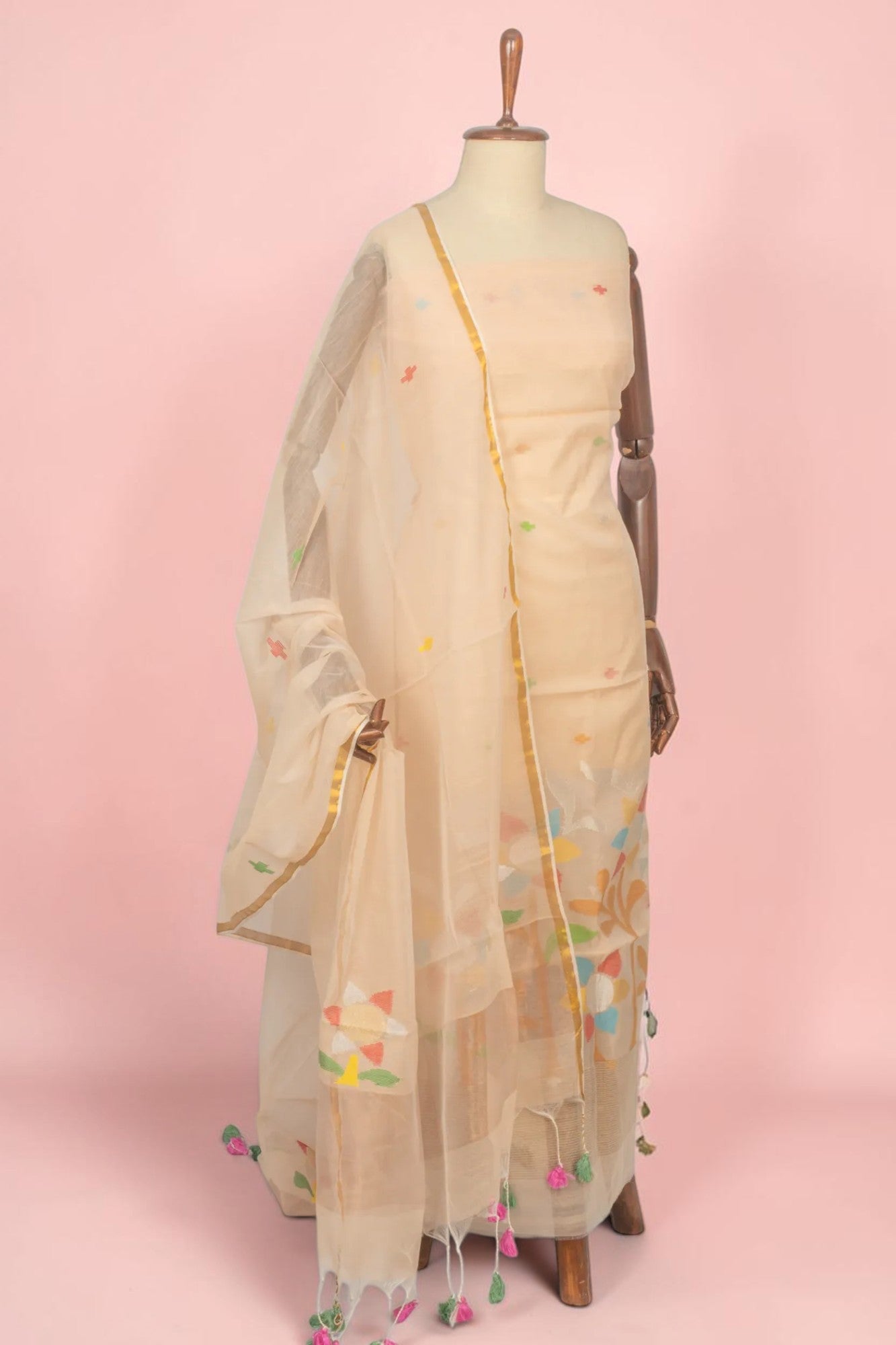 Phulia Cotton Jamdani Butta Peach Salwar Suit Set