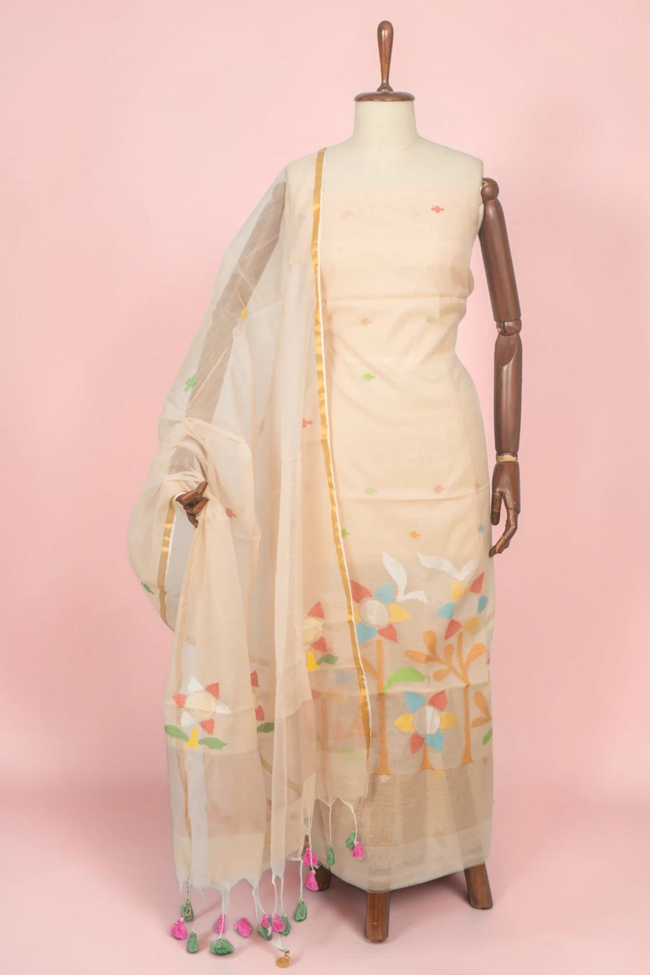 Phulia Cotton Jamdani Butta Peach Salwar Suit Set