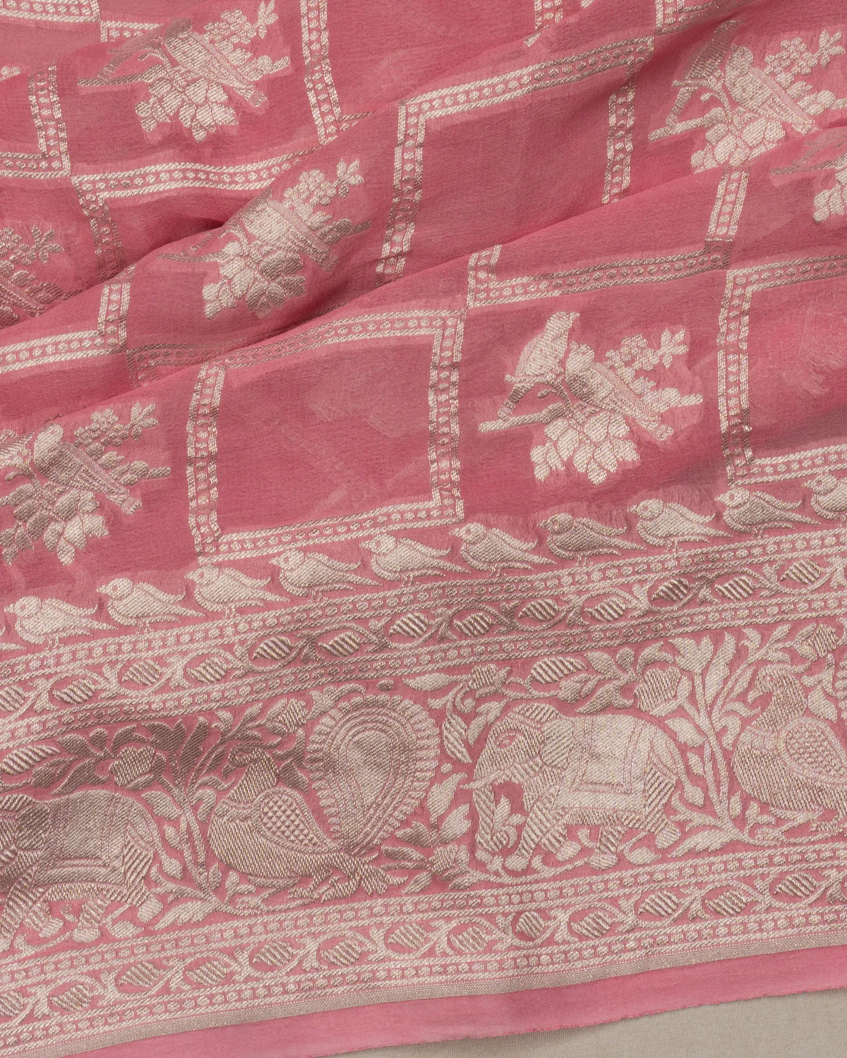 Banarasi Georgette Checks And Butta Pink Saree