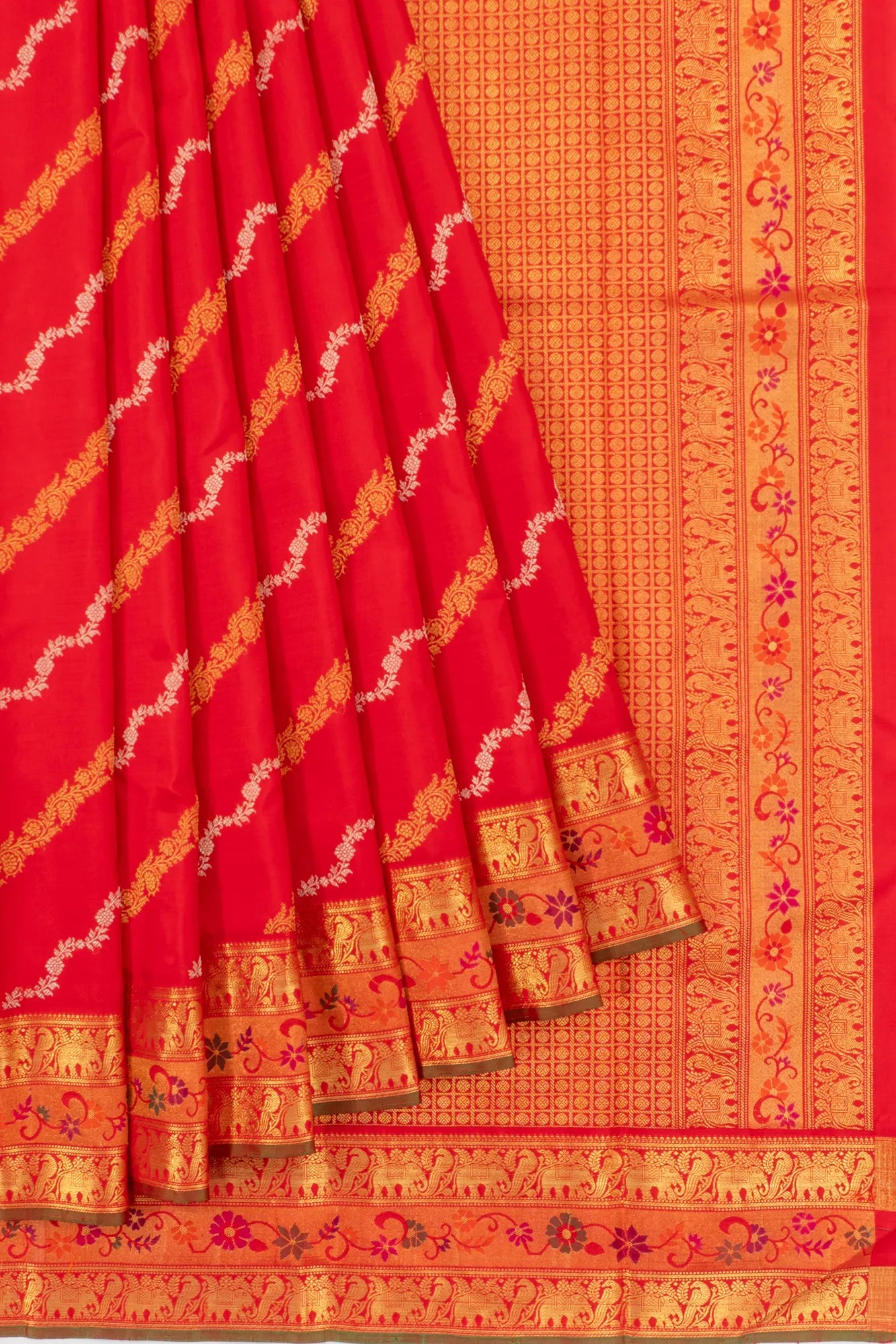 Kanchipuram Silk Jaal Red Saree With Meenakari Border