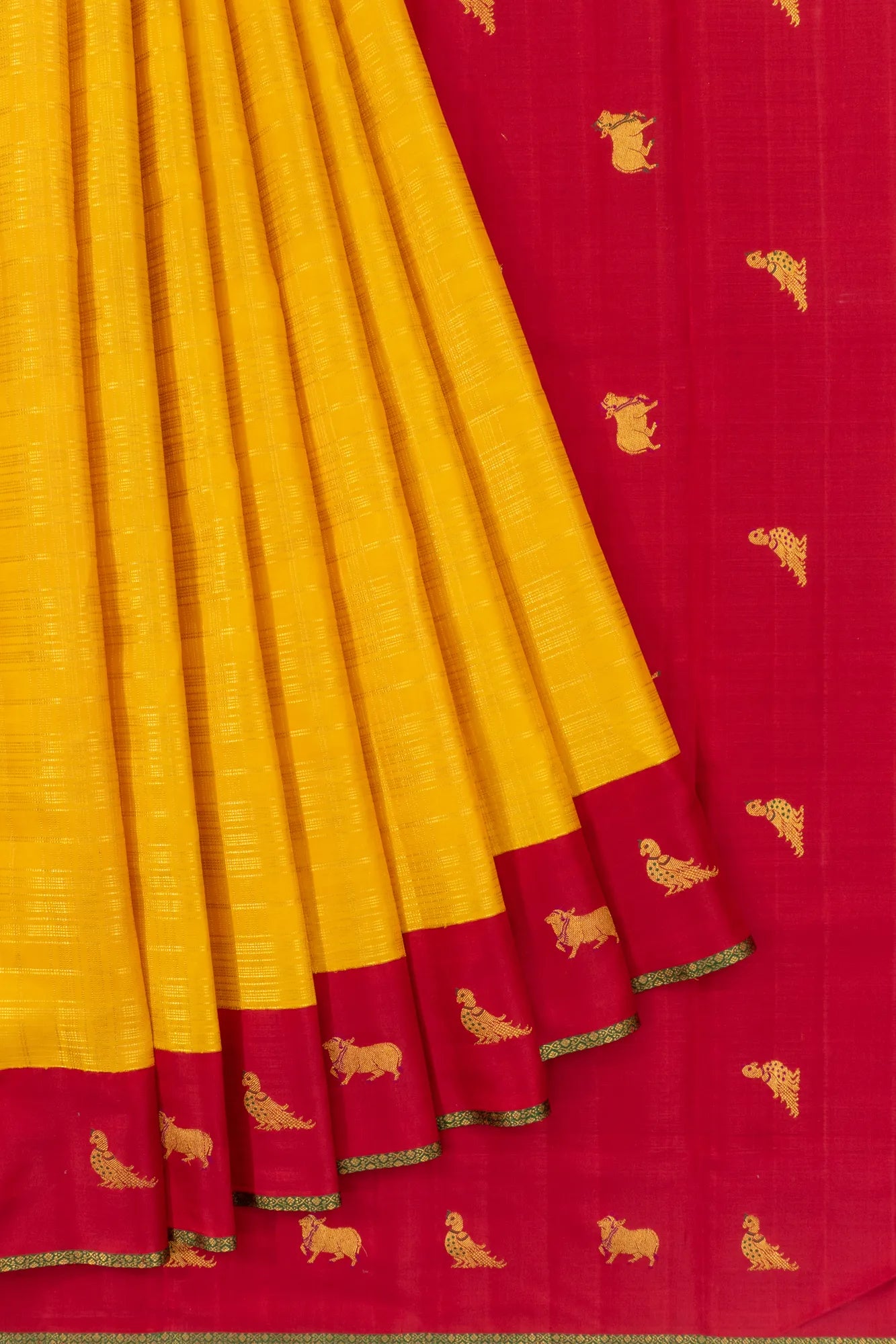 Kanchipuram Silk Checks Yellow Saree With Pichwai Motifs