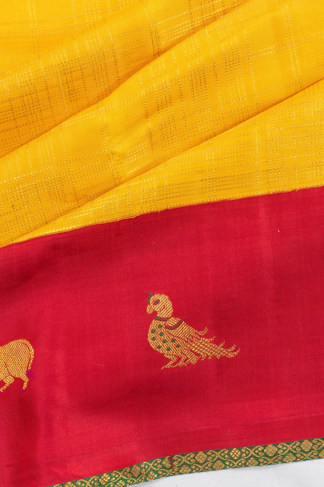 Kanchipuram Silk Checks Yellow Saree With Pichwai Motifs