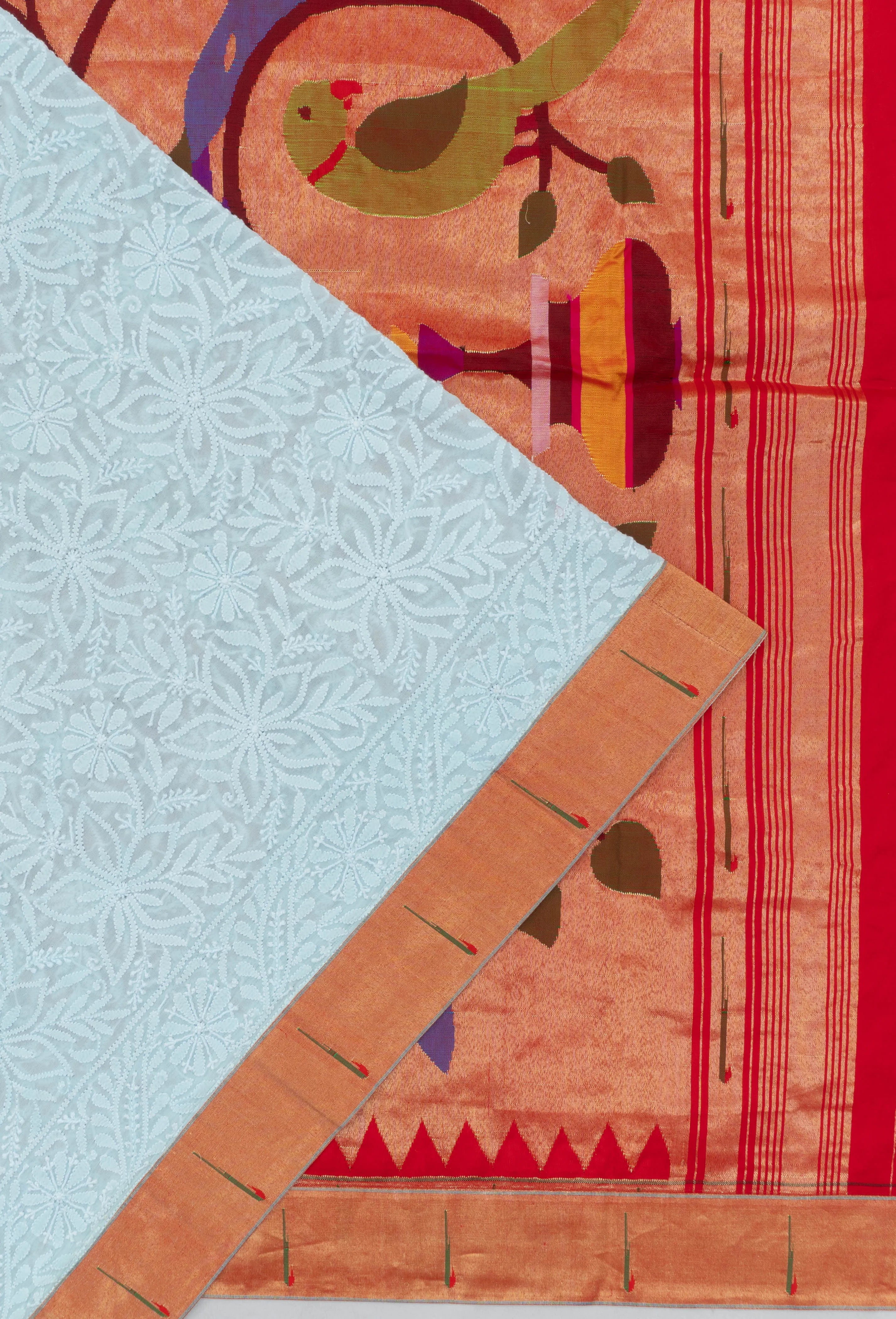 Paithani X Lucknow Chikankari Georgette All Over Embroidery Sky Blue Saree