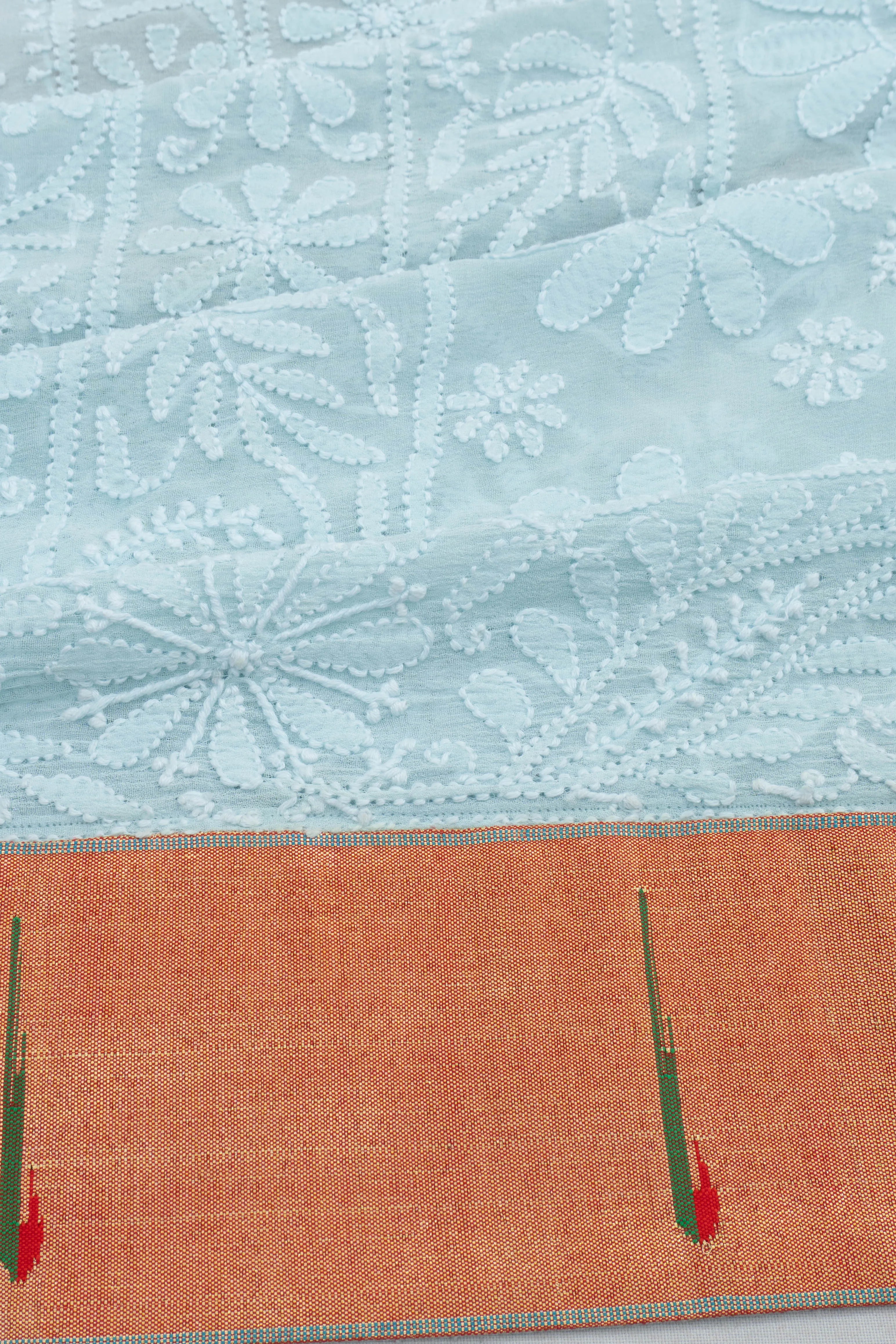 Paithani X Lucknow Chikankari Georgette All Over Embroidery Sky Blue Saree