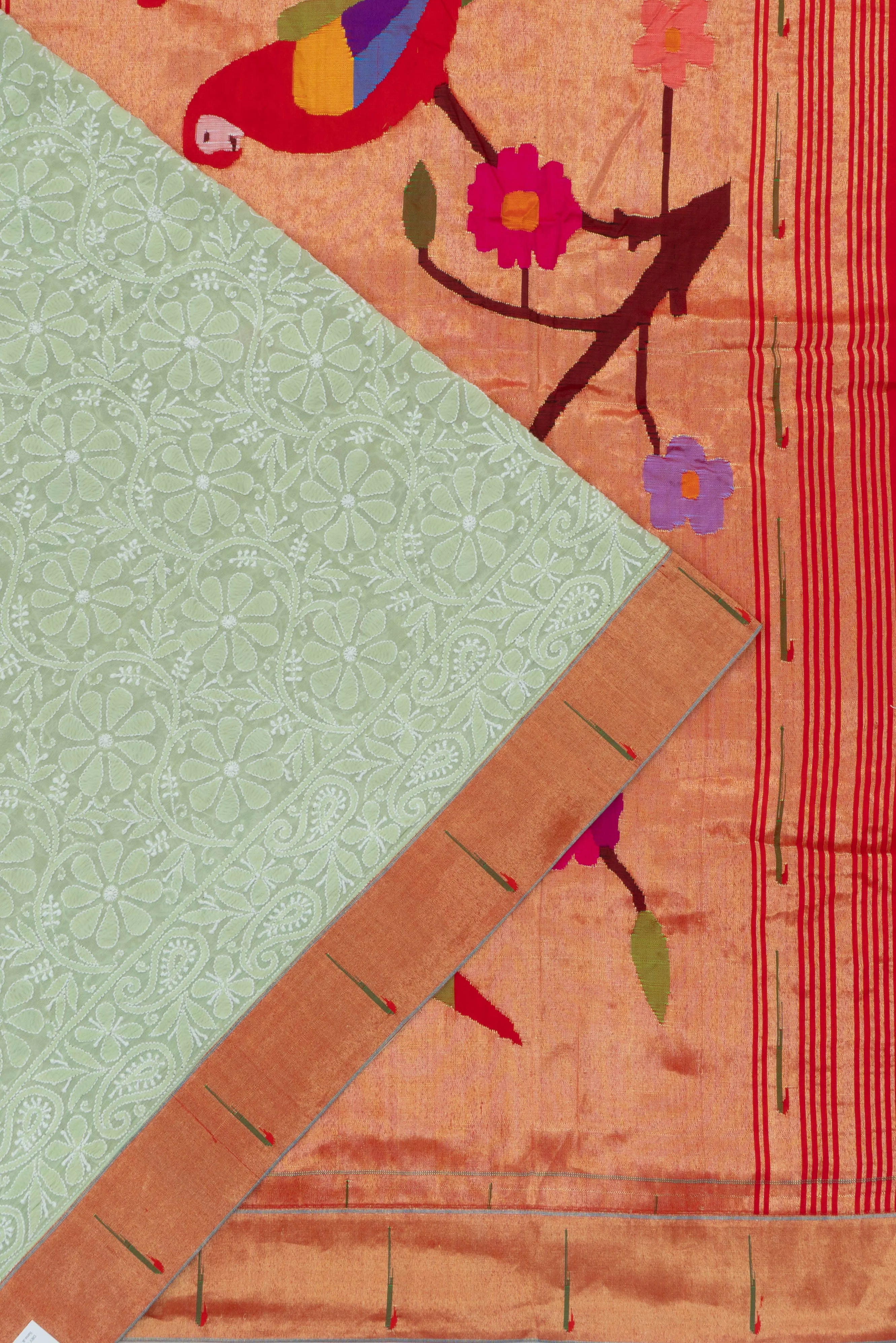 Paithani X Lucknow Chikankari Georgette All Over Embroidery Pastel Green Saree