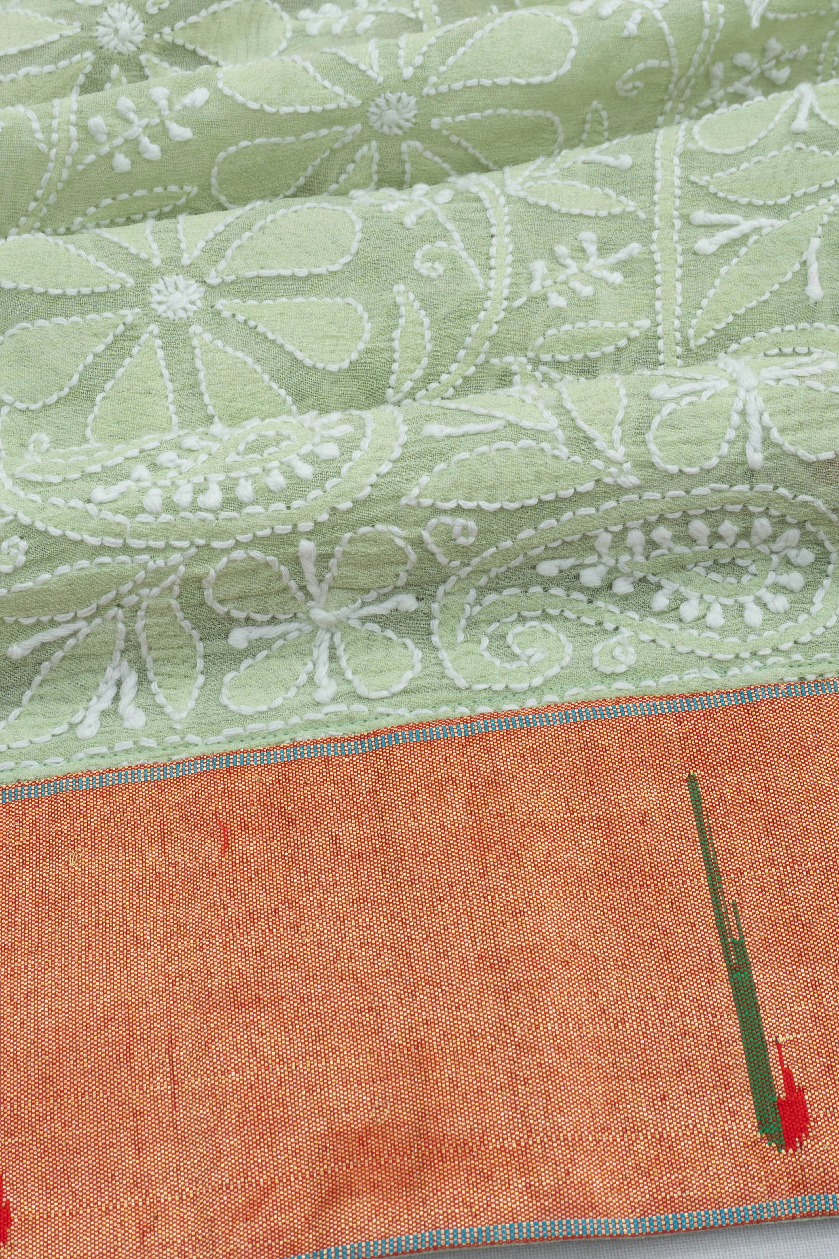 Paithani X Lucknow Chikankari Georgette All Over Embroidery Pastel Green Saree
