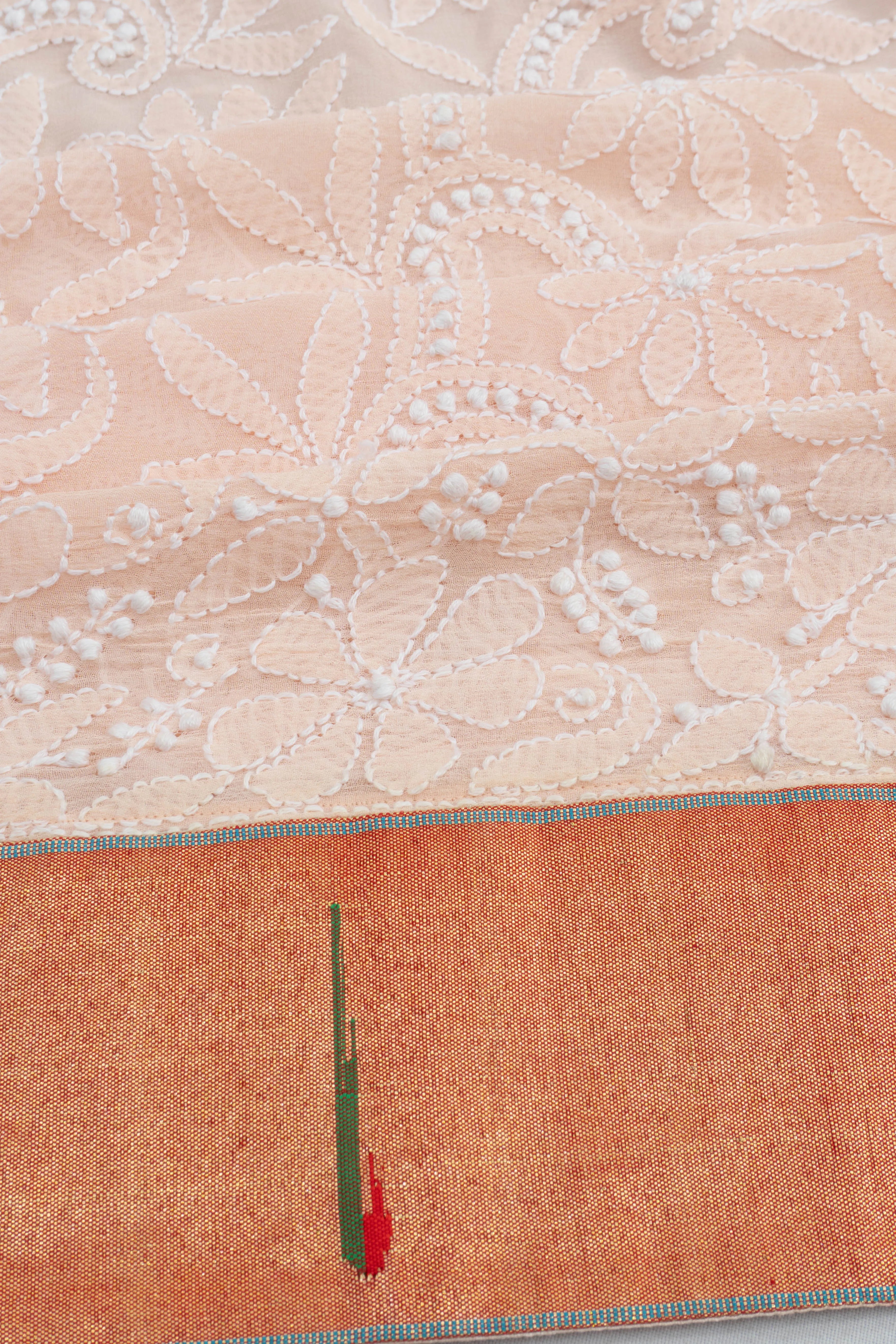 Paithani X Lucknow Chikankari Georgette All Over Embroidery Peach Saree