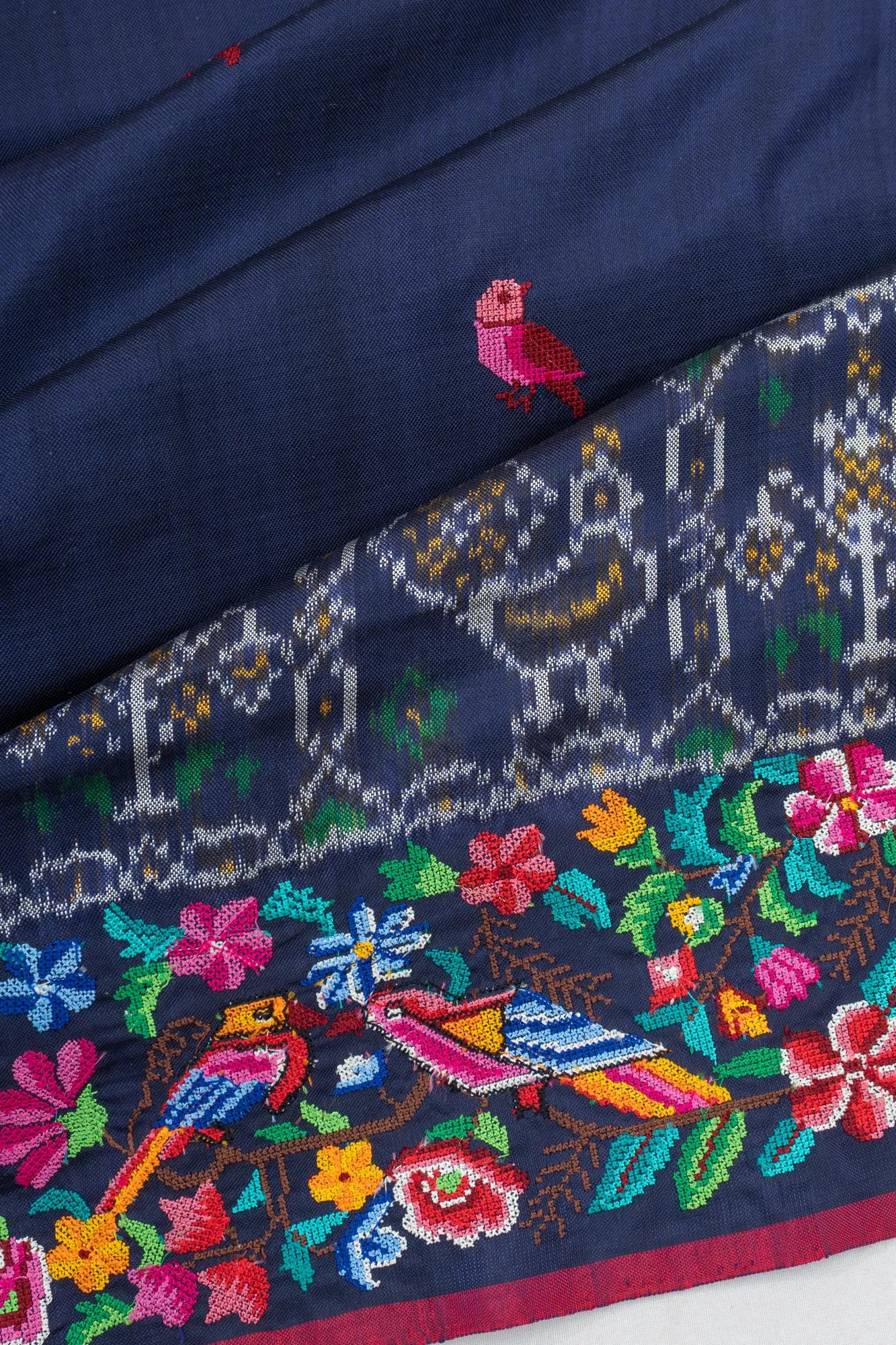 Semi Patan Silk Ikat Dark Blue Saree With Embroidery