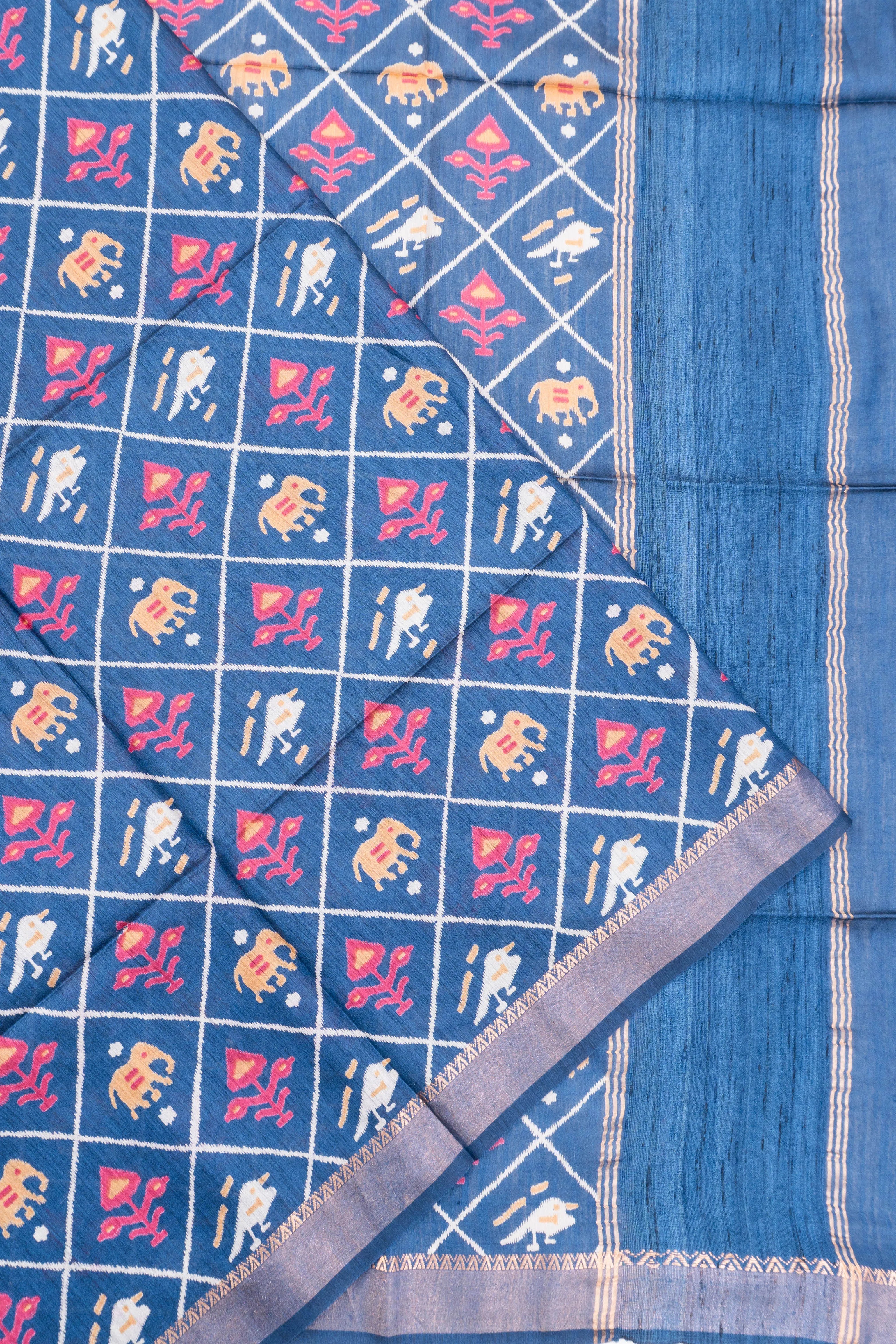 Bhagalpuri Tussar Printed Blue Saree With Ikat Inspired Motifs