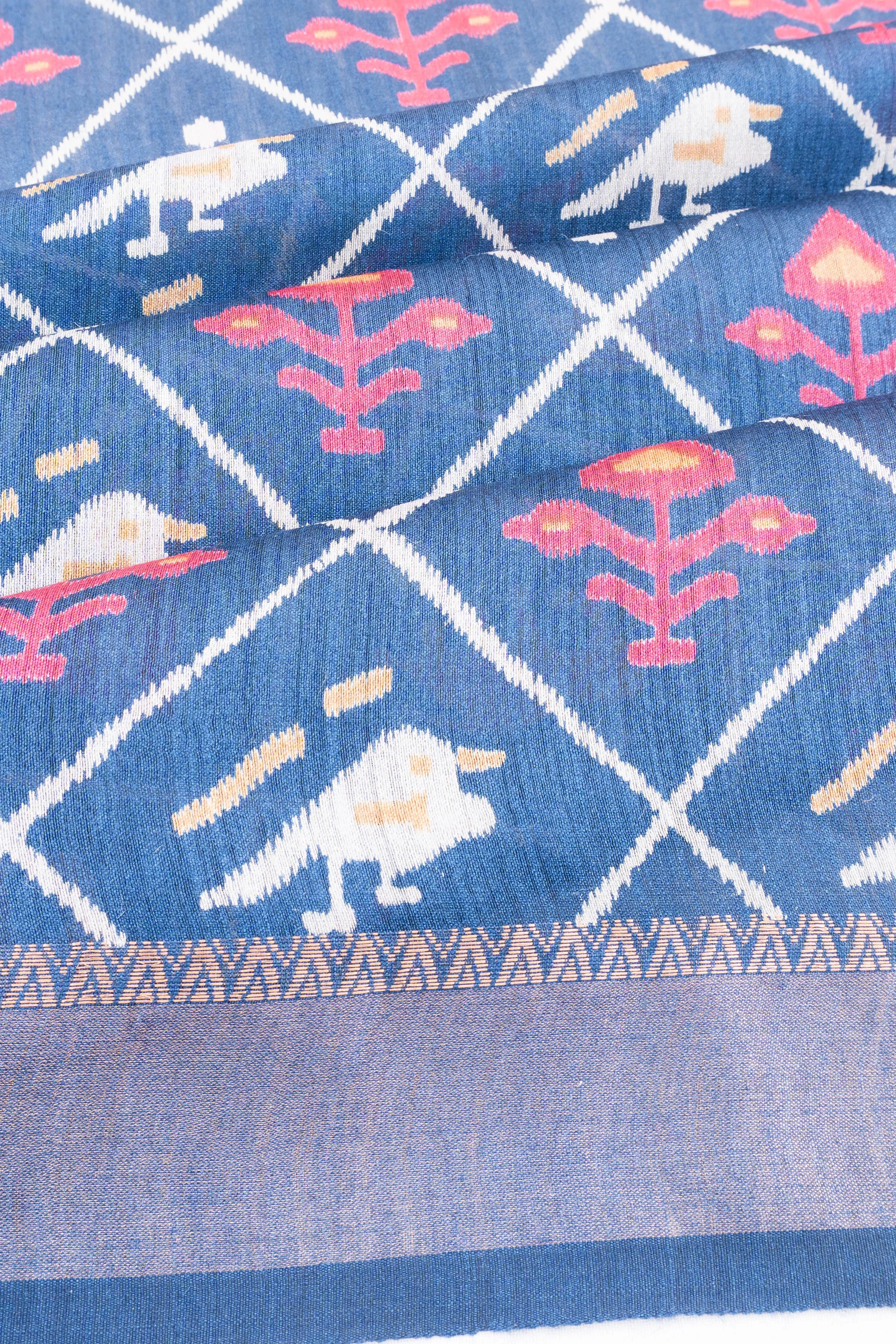 Bhagalpuri Tussar Printed Blue Saree With Ikat Inspired Motifs