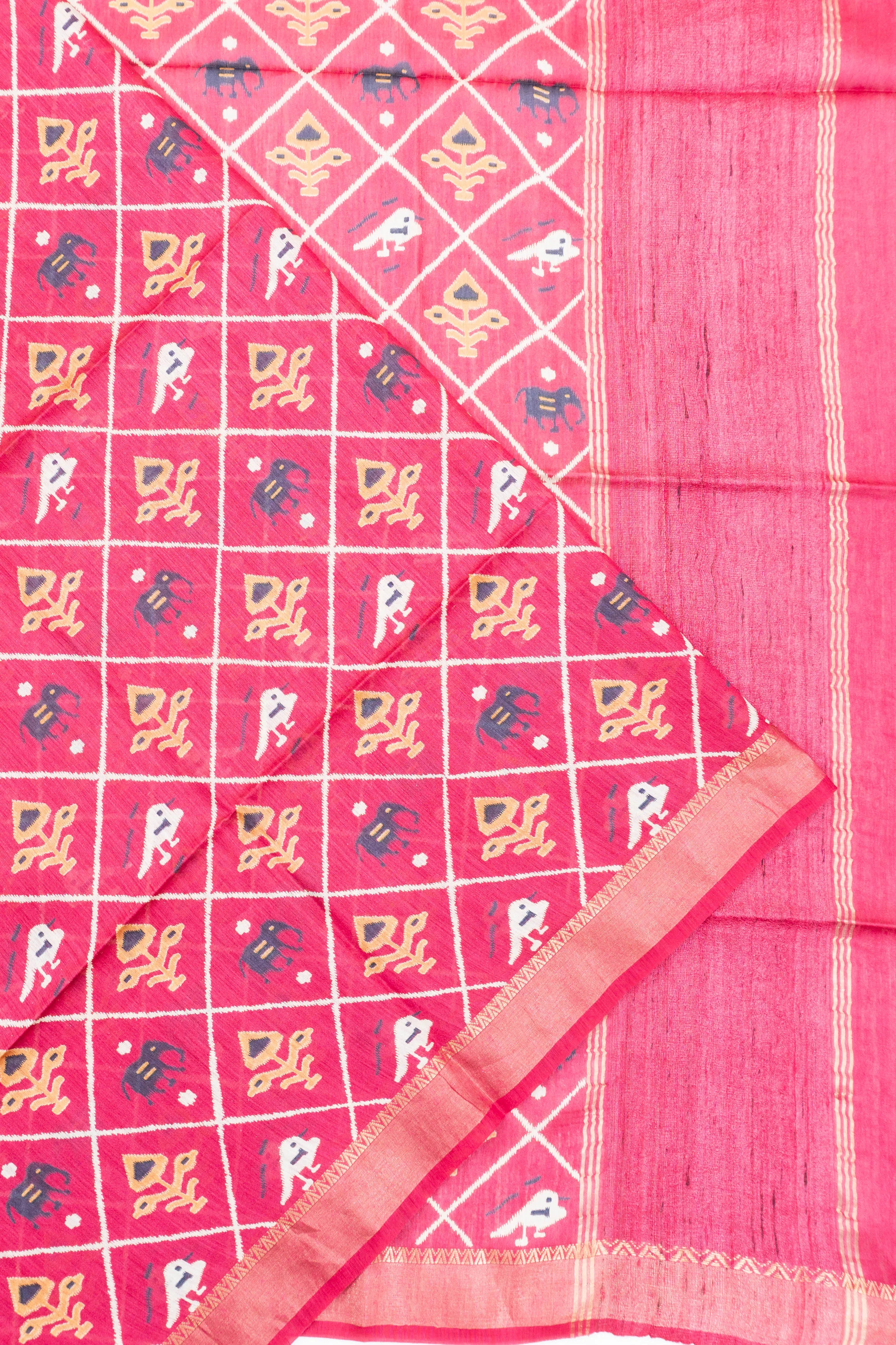 Bhagalpuri Tussar Printed Pink Saree With Ikat Inspired Motifs