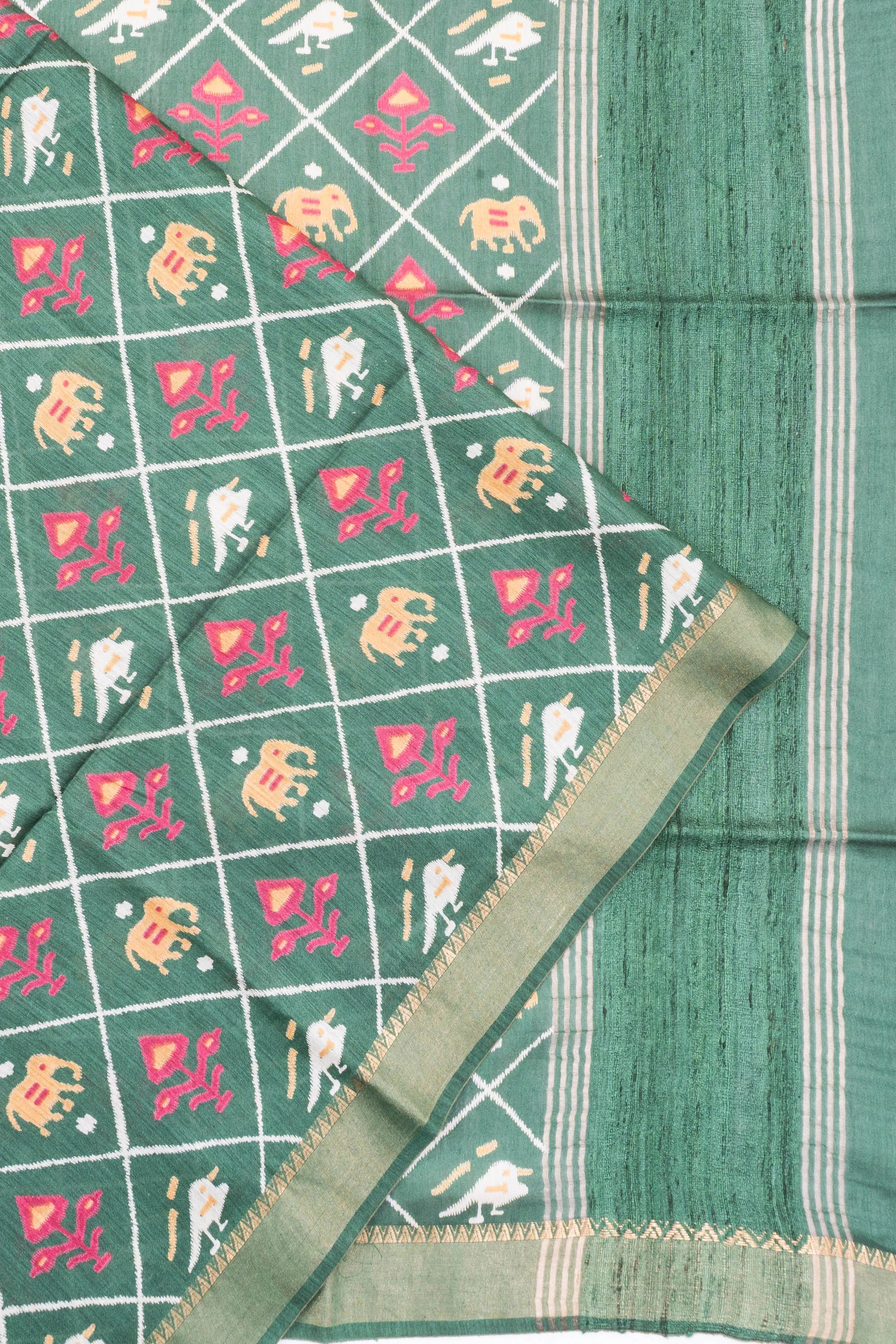 Bhagalpuri Tussar Printed Green Saree With Ikat Inspired Motifs