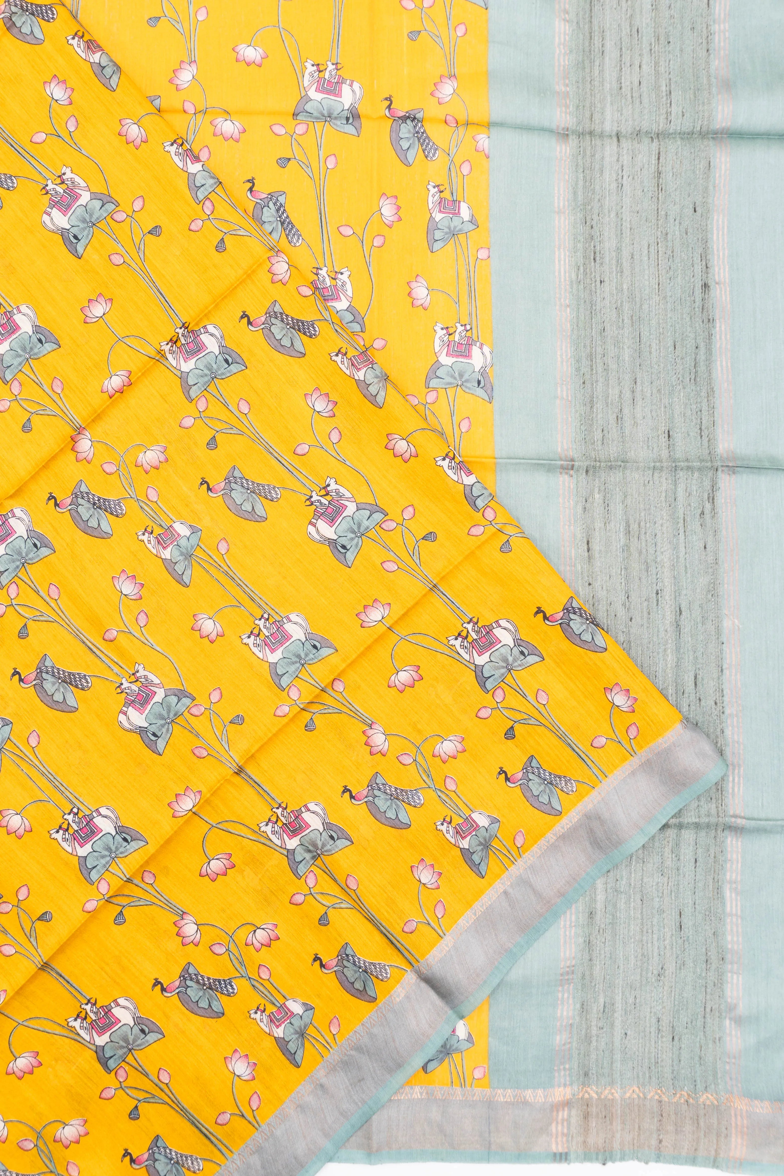 Bhagalpuri Tussar Floral Printed Yellow Saree With Pichwai Motifs