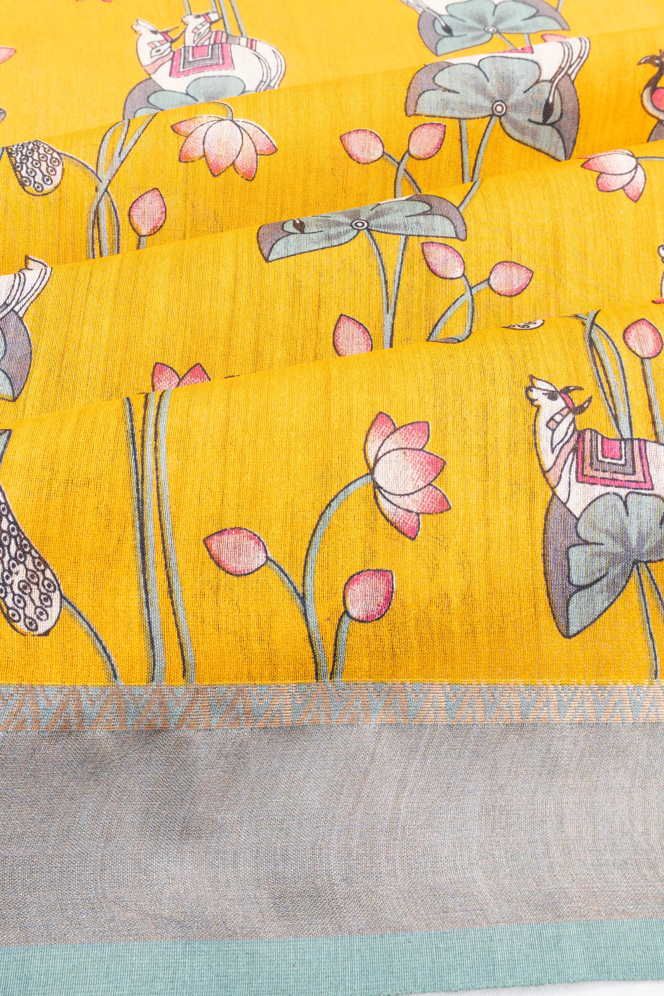 Bhagalpuri Tussar Floral Printed Yellow Saree With Pichwai Motifs