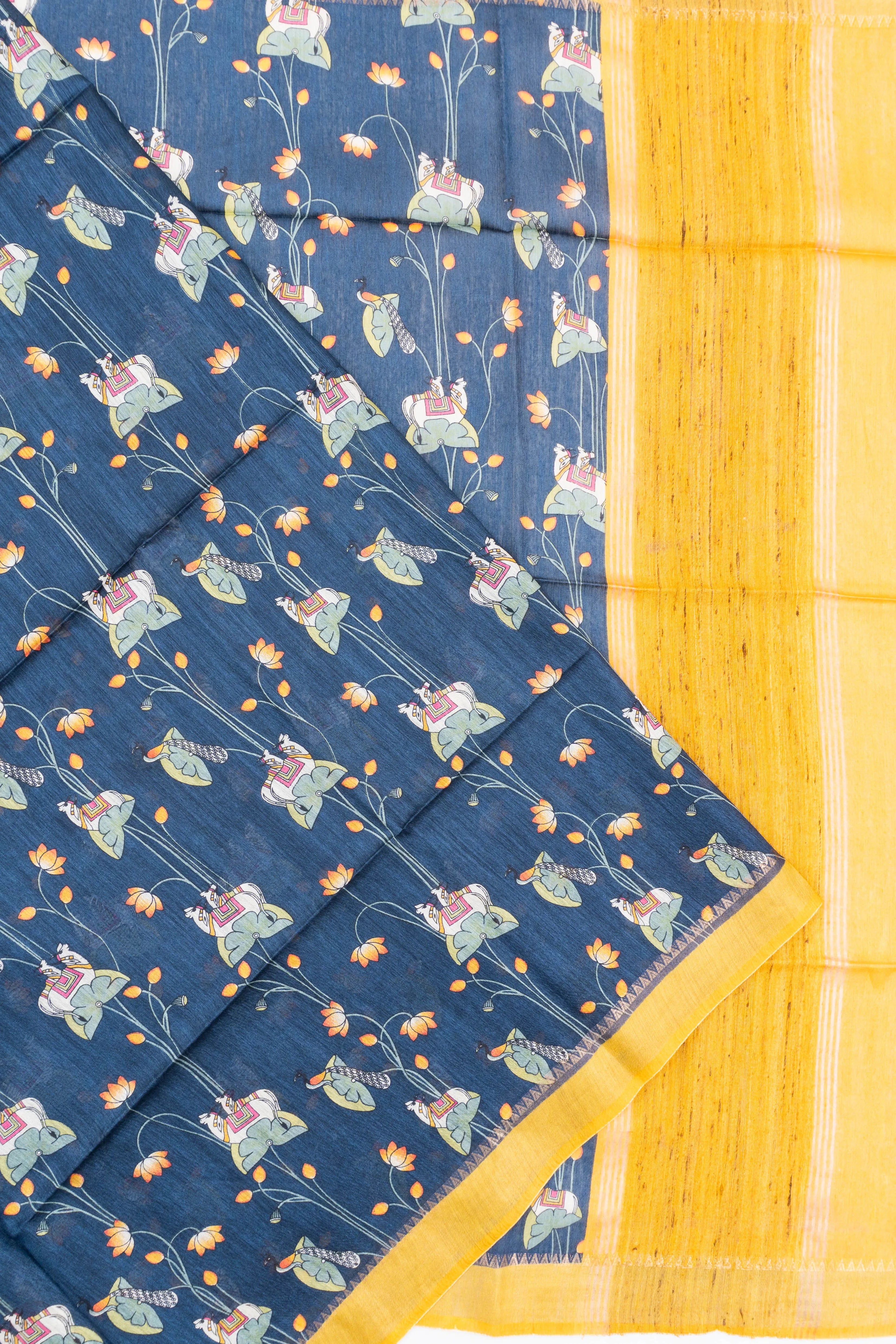 Bhagalpuri Tussar Floral Printed Blue Saree With Pichwai Motifs