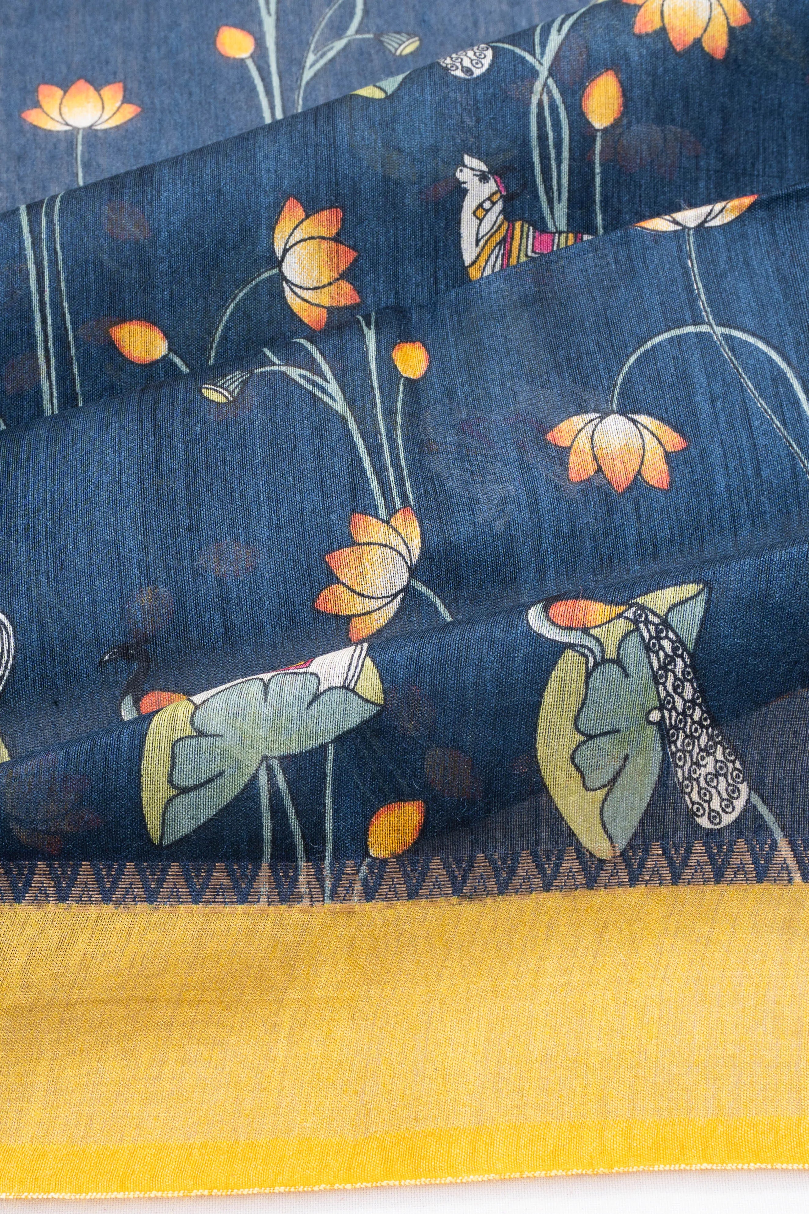 Bhagalpuri Tussar Floral Printed Blue Saree With Pichwai Motifs