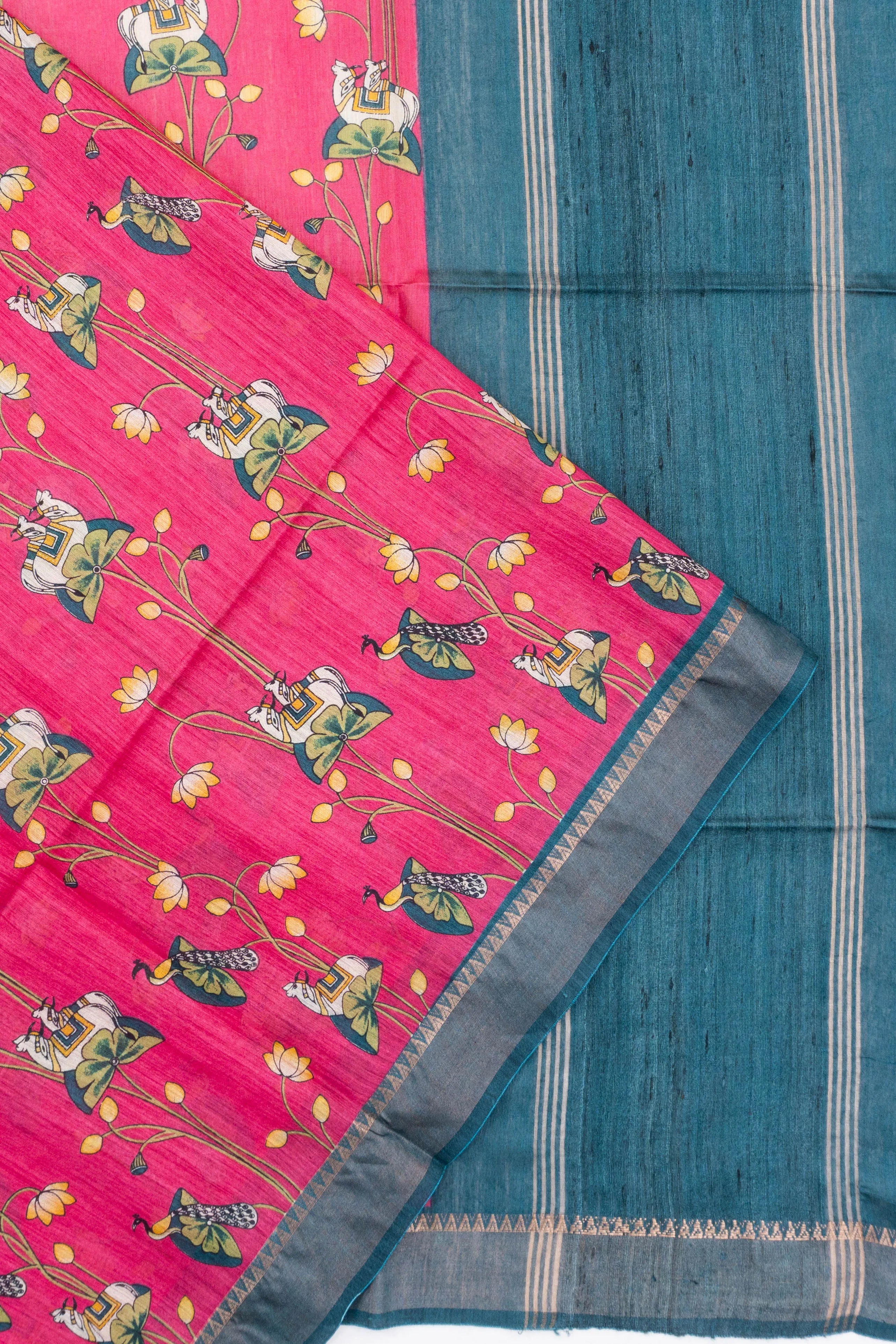Bhagalpuri Tussar Floral Printed Pink Saree With Pichwai Motifs
