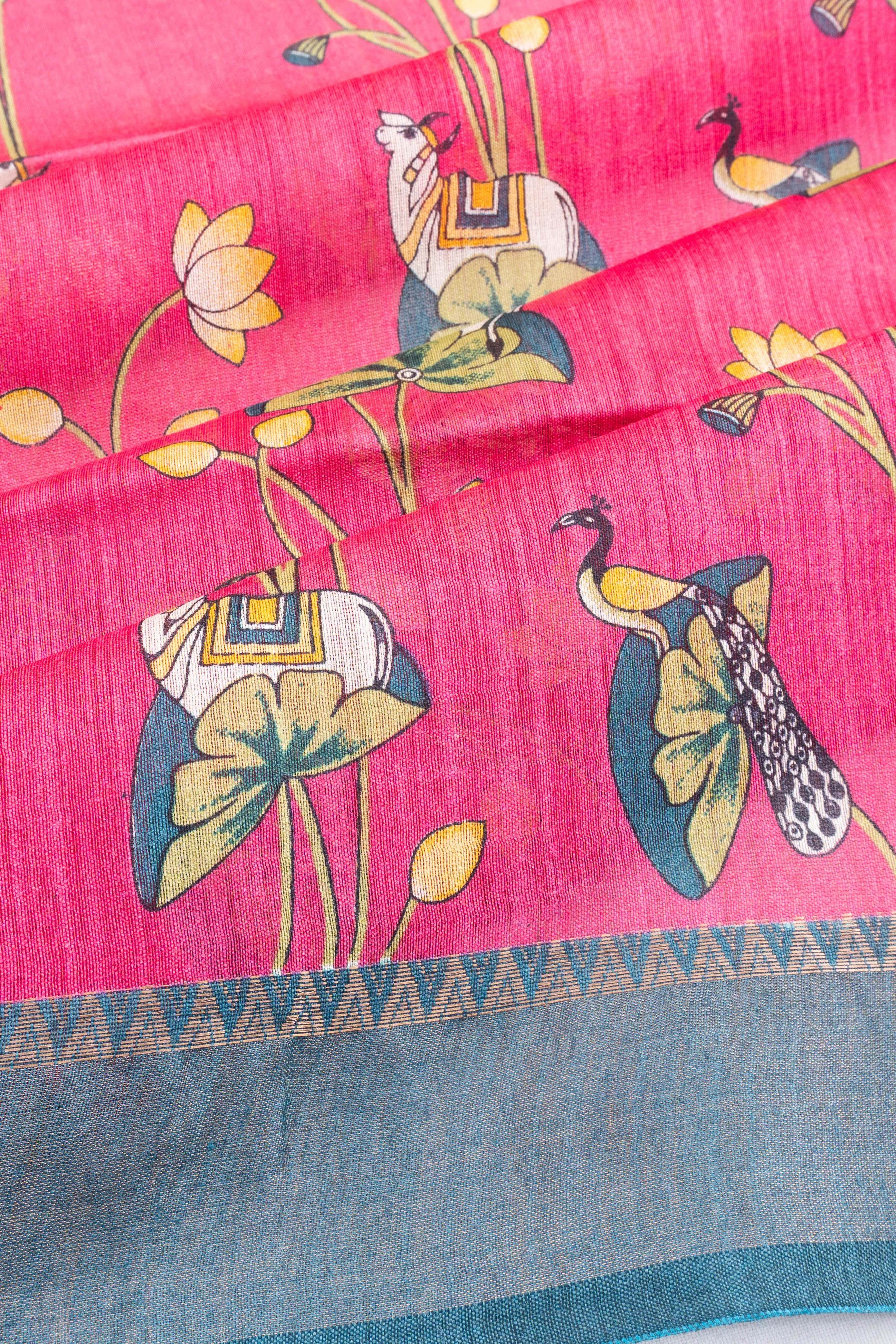 Bhagalpuri Tussar Floral Printed Pink Saree With Pichwai Motifs