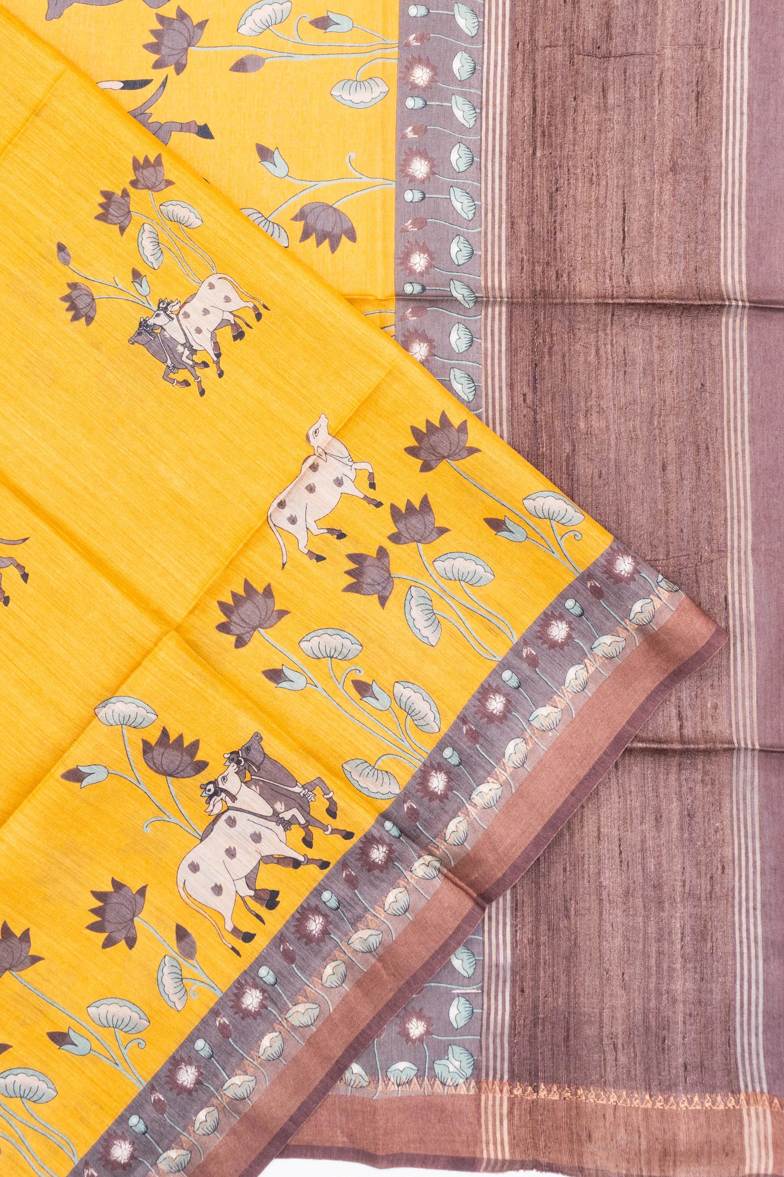 Bhagalpuri Tussar Printed Yellow Saree With Pichwai Motifs