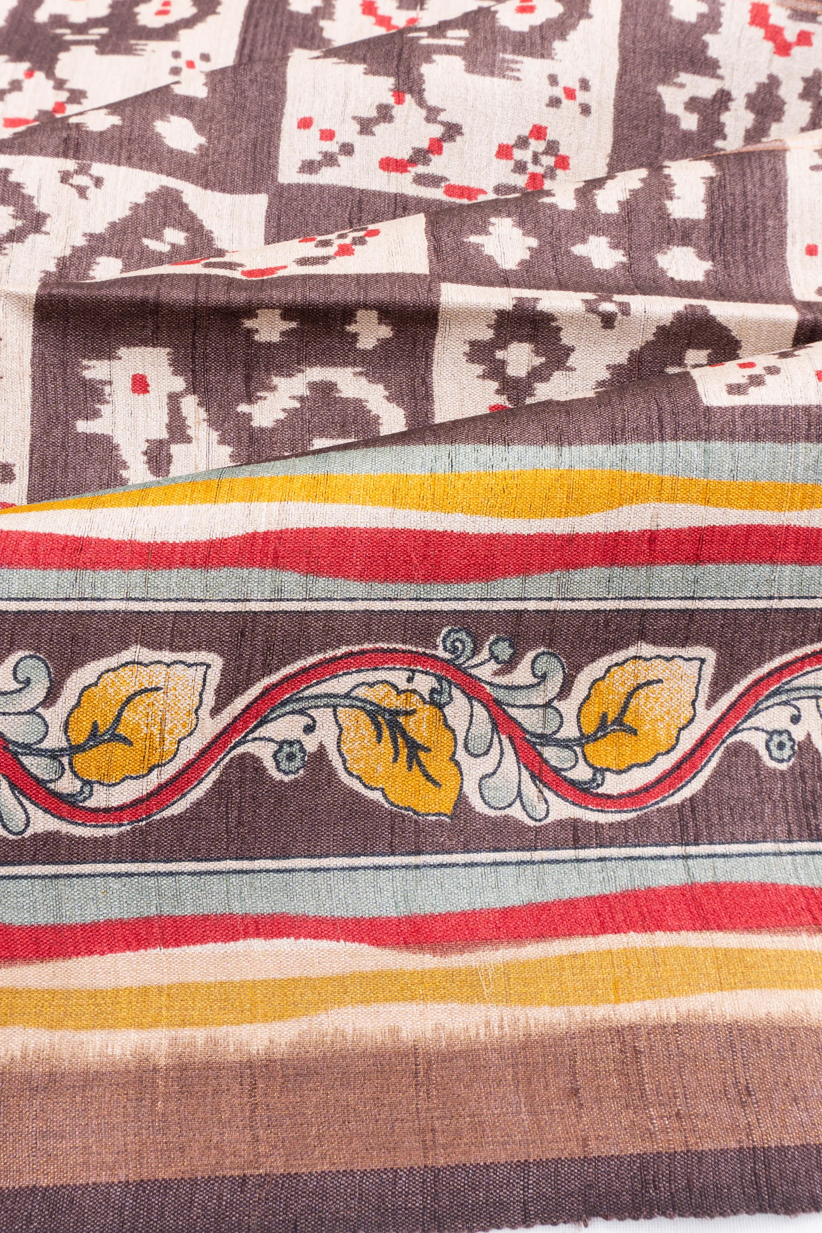 Bhagalpuri Tussar Printed Cream And Brown Saree With Ikat Inspired Motifs
