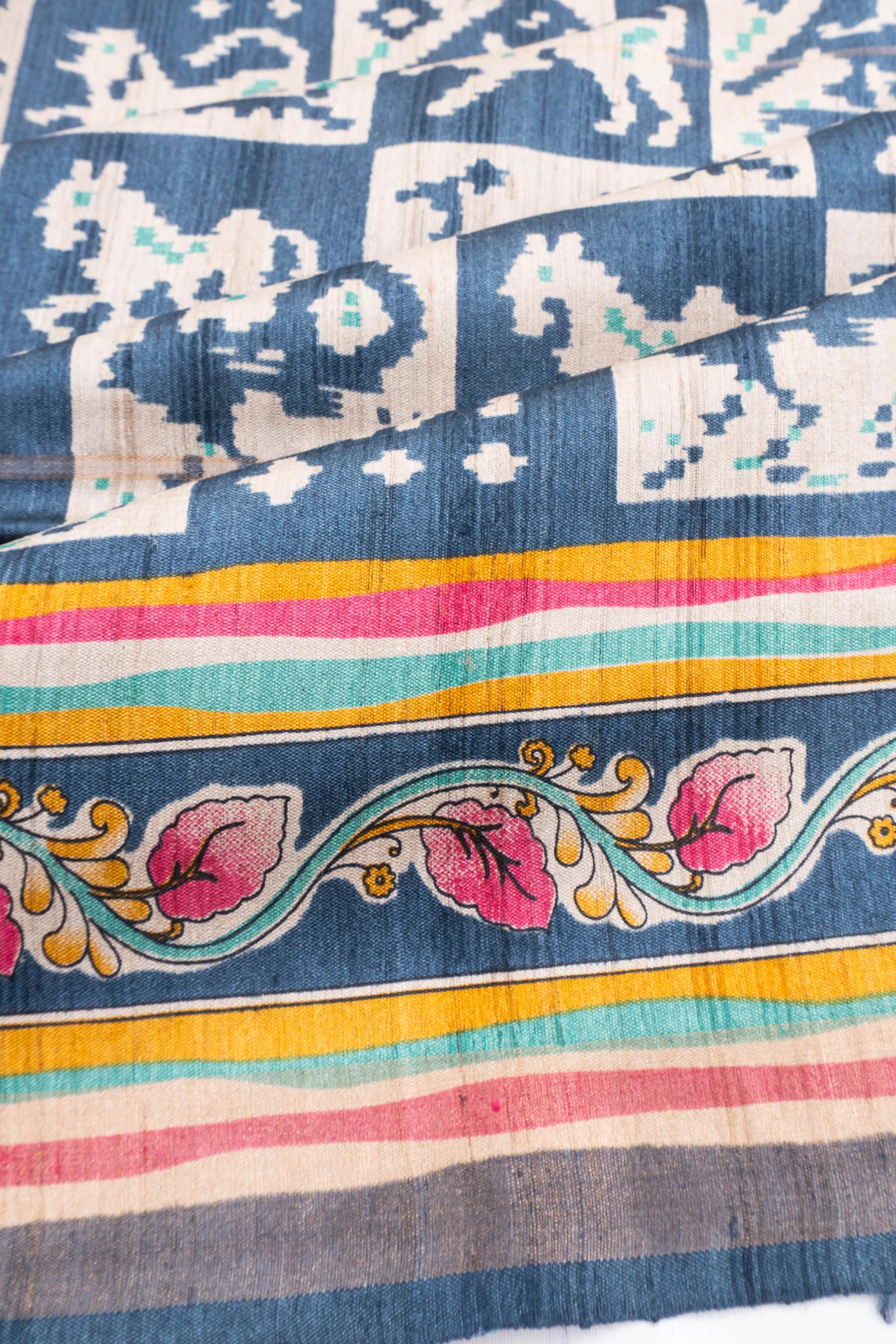Bhagalpuri Tussar Printed White And Blue Saree With Ikat Inspired Motifs
