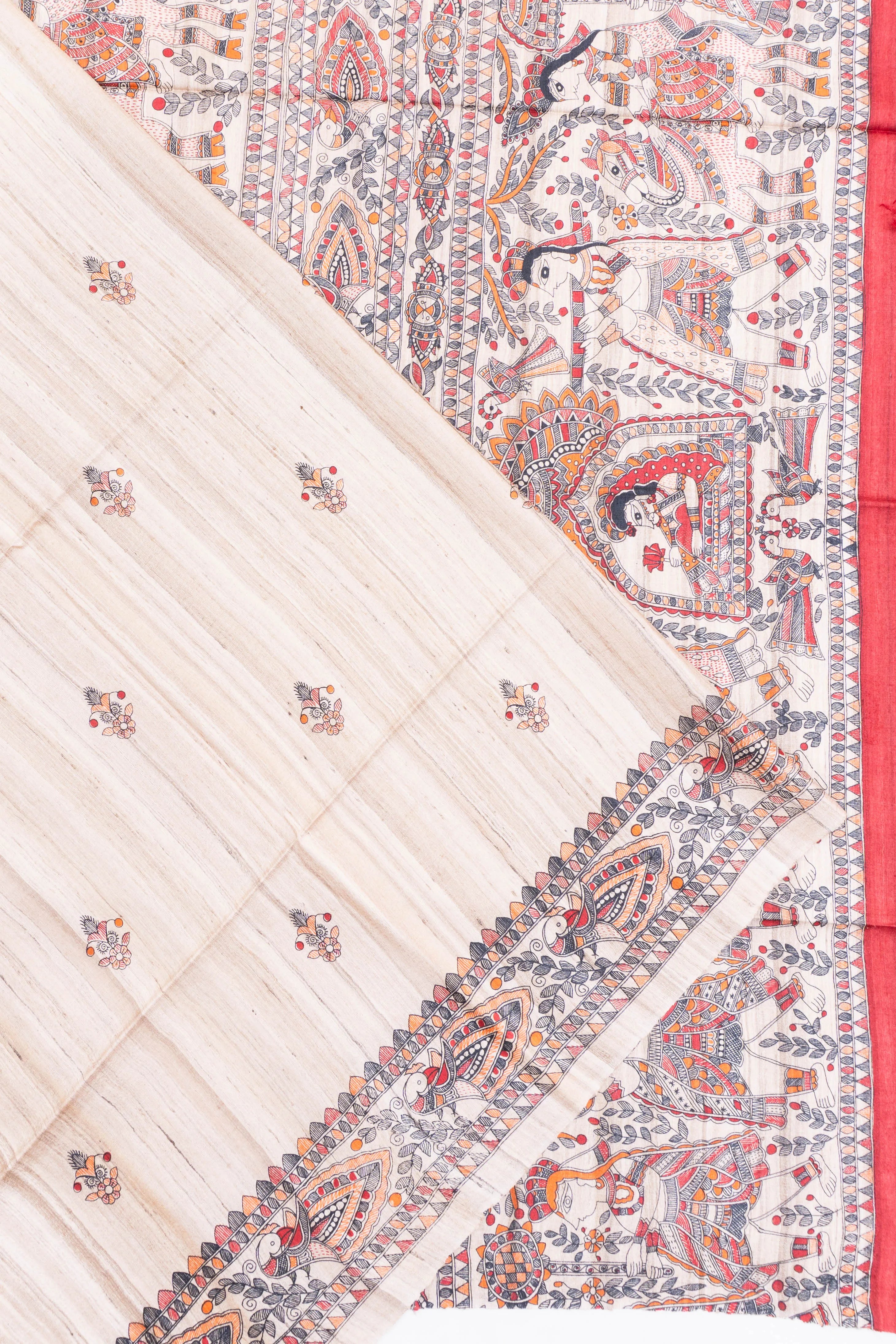 Bhagalpuri Tussar Printed Cream Saree