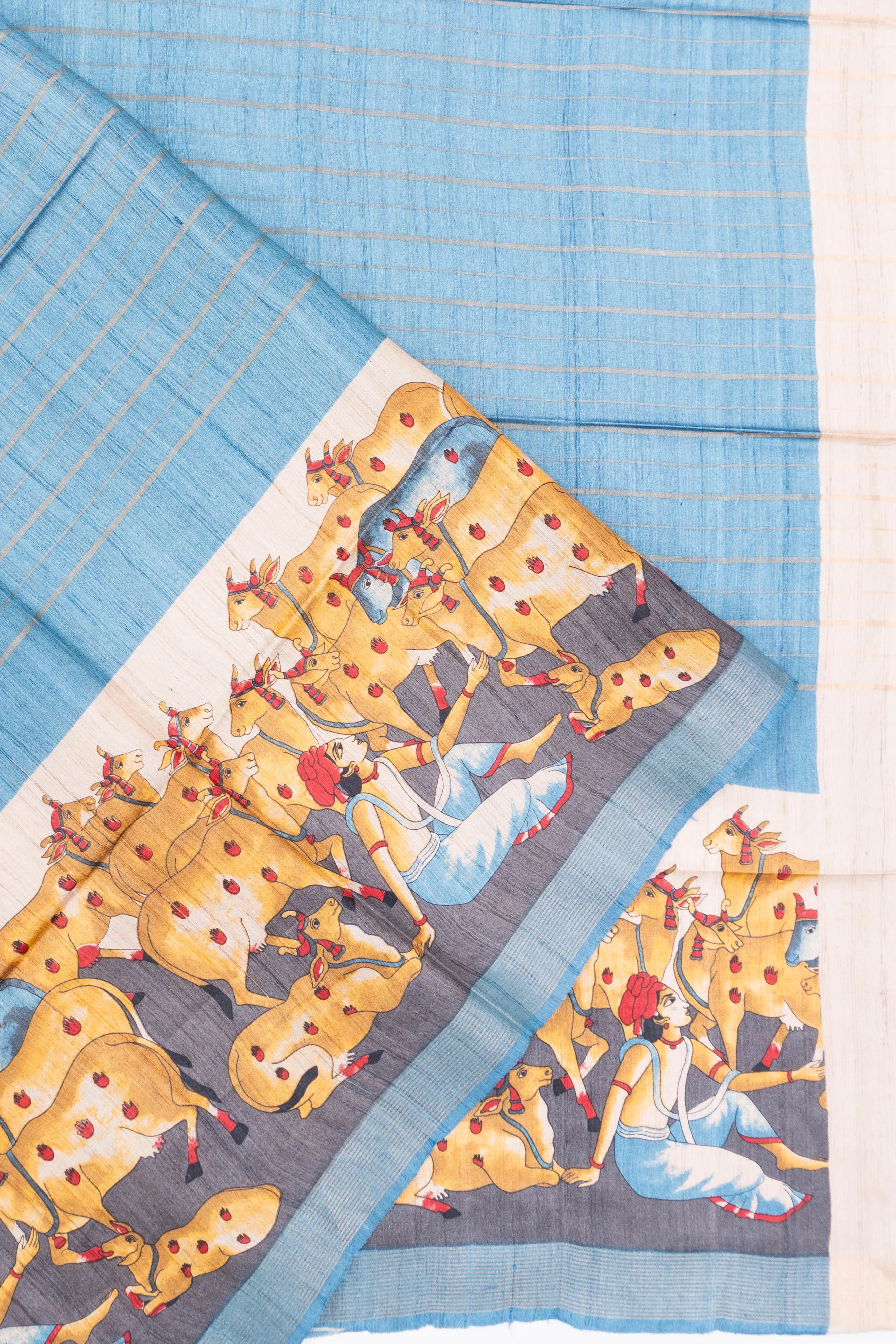Bhagalpuri Tussar Lines Sky Blue Saree With Pichwai Border