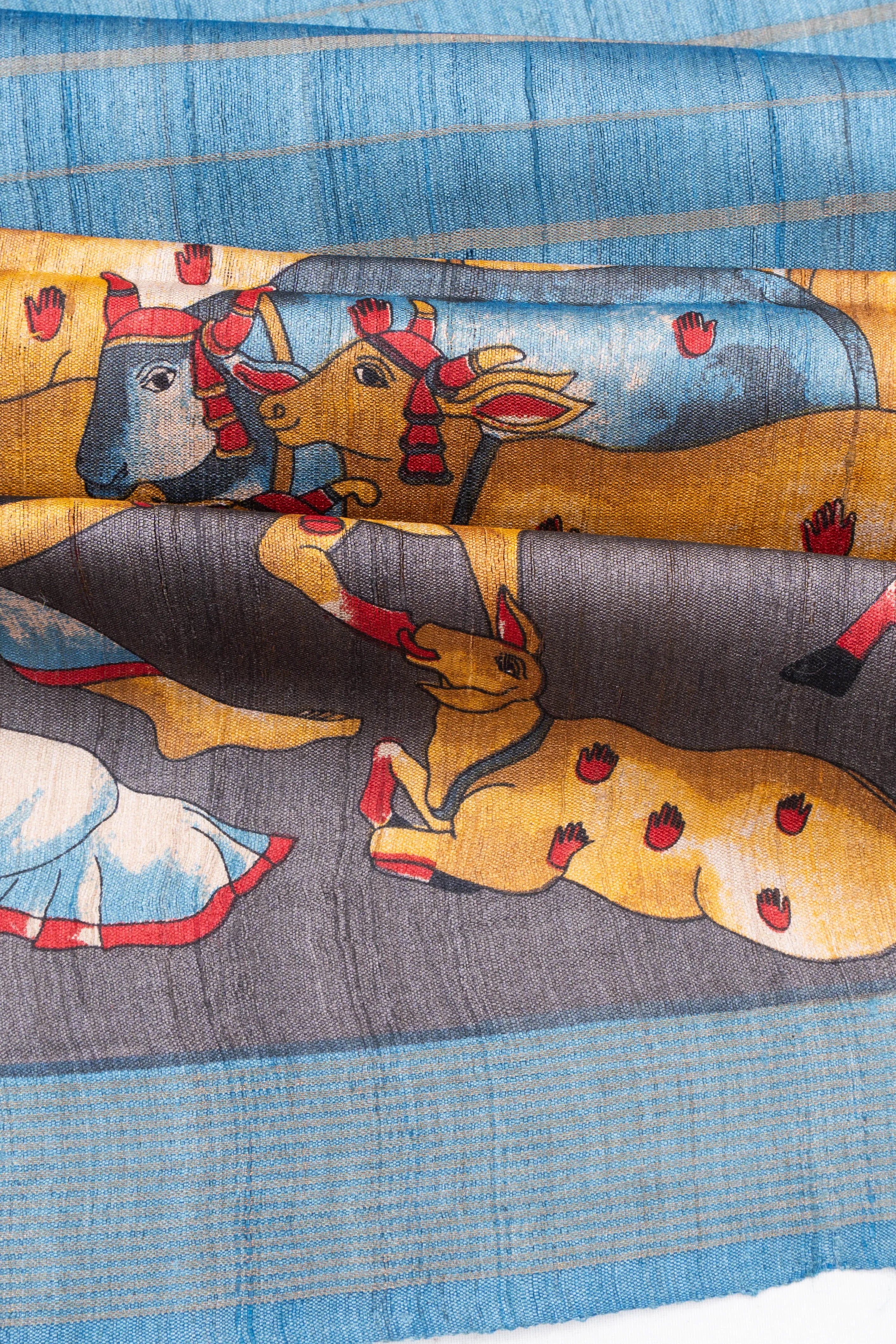 Bhagalpuri Tussar Lines Sky Blue Saree With Pichwai Border