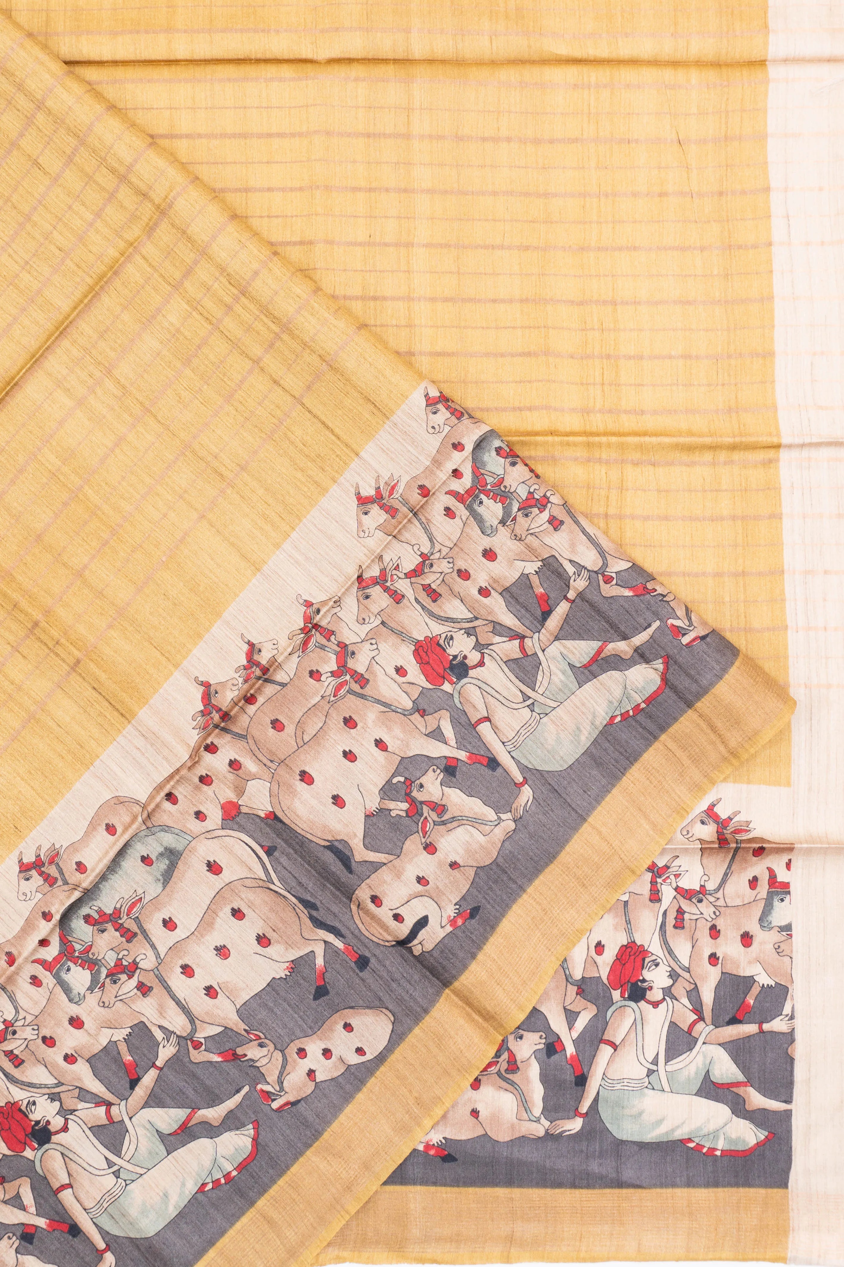 Bhagalpuri Tussar Lines Yellow Saree With Pichwai Border