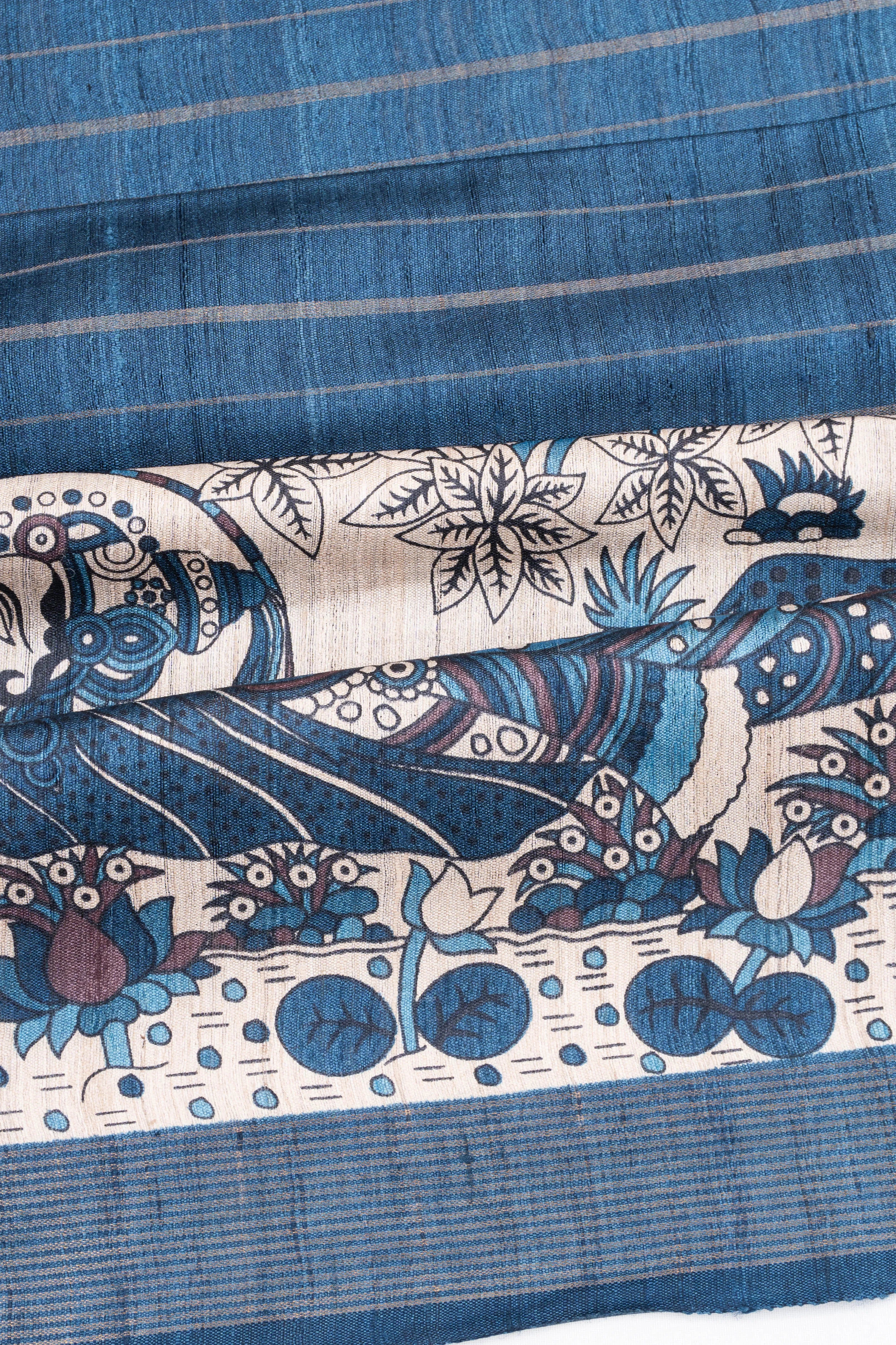 Bhagalpuri Tussar Lines Blue Saree