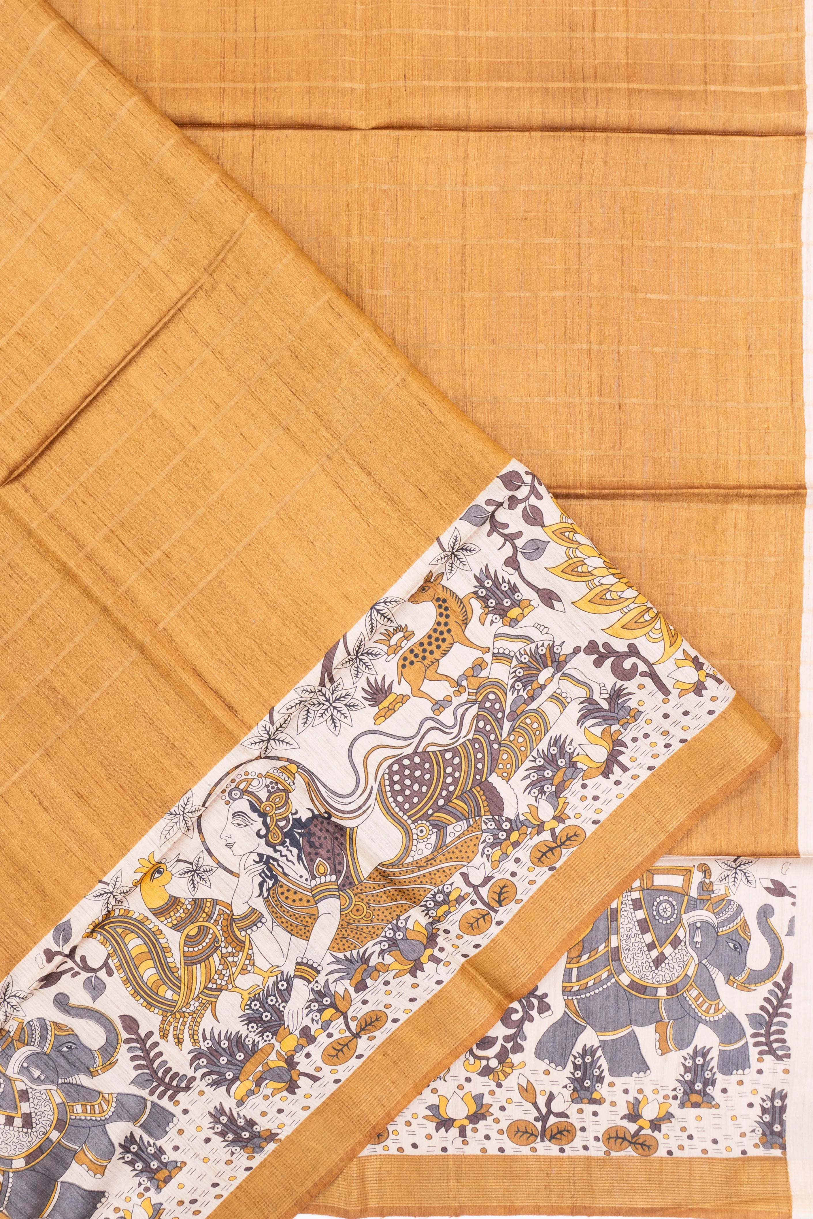 Bhagalpuri Tussar Lines Yellow Saree