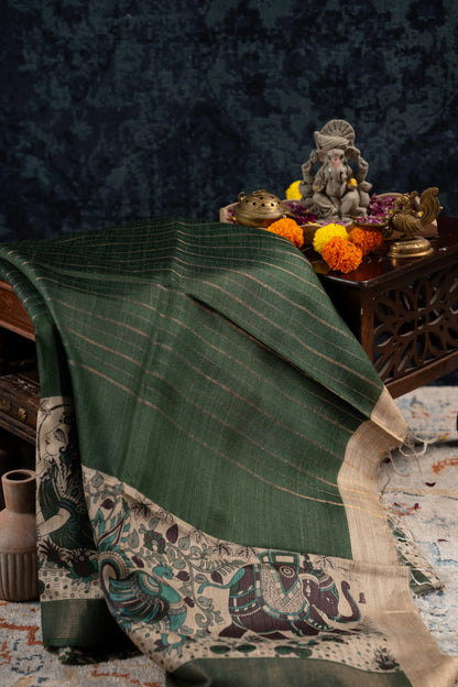 Bhagalpuri Tussar Lines Green Saree