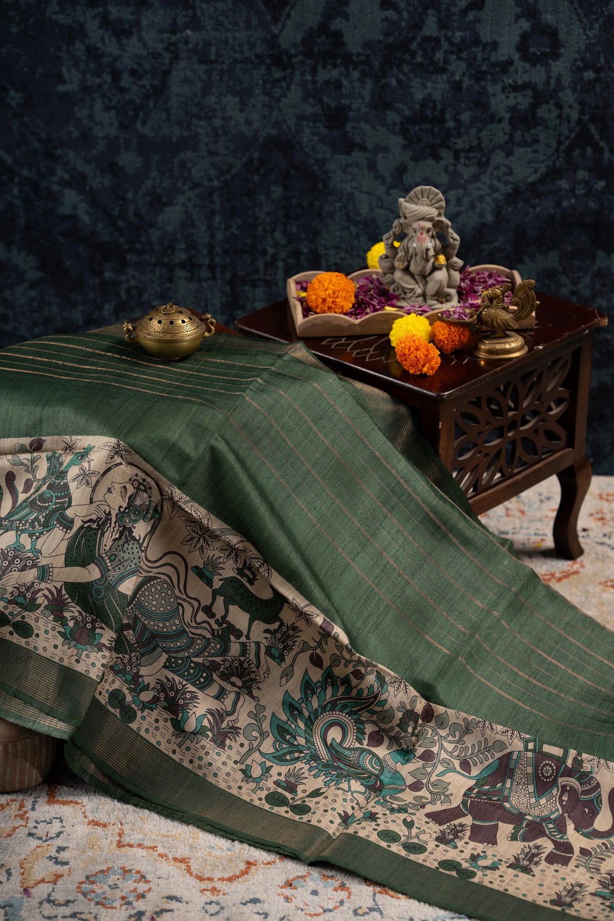 Bhagalpuri Tussar Lines Green Saree