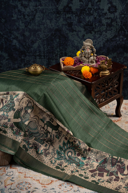 Bhagalpuri Tussar Lines Green Saree