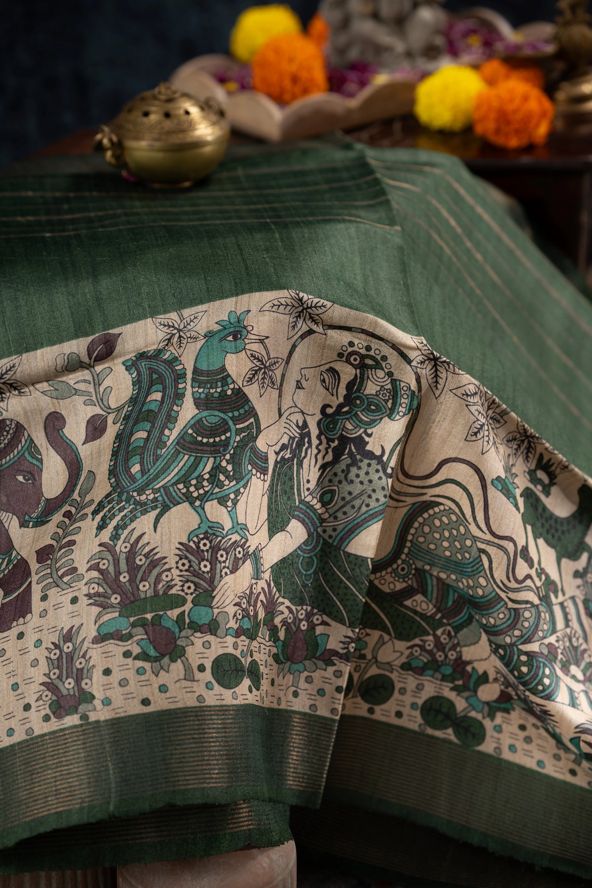 Bhagalpuri Tussar Lines Green Saree