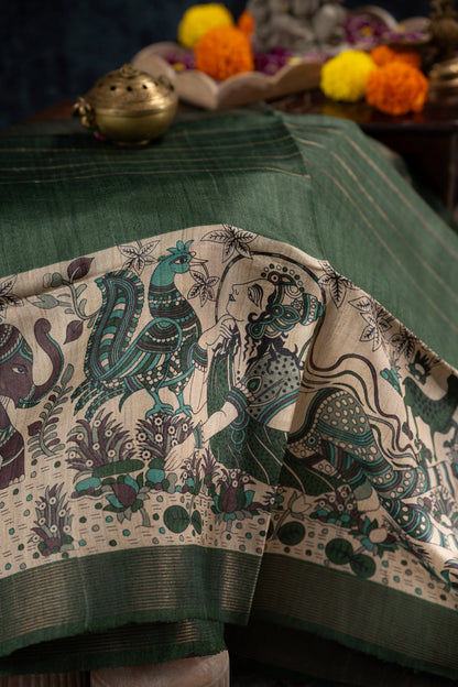Bhagalpuri Tussar Lines Green Saree
