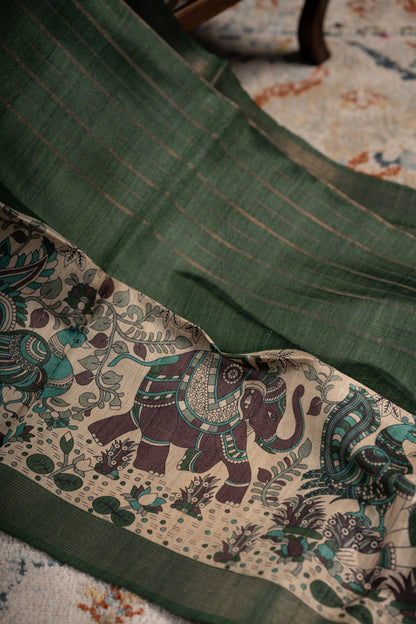 Bhagalpuri Tussar Lines Green Saree